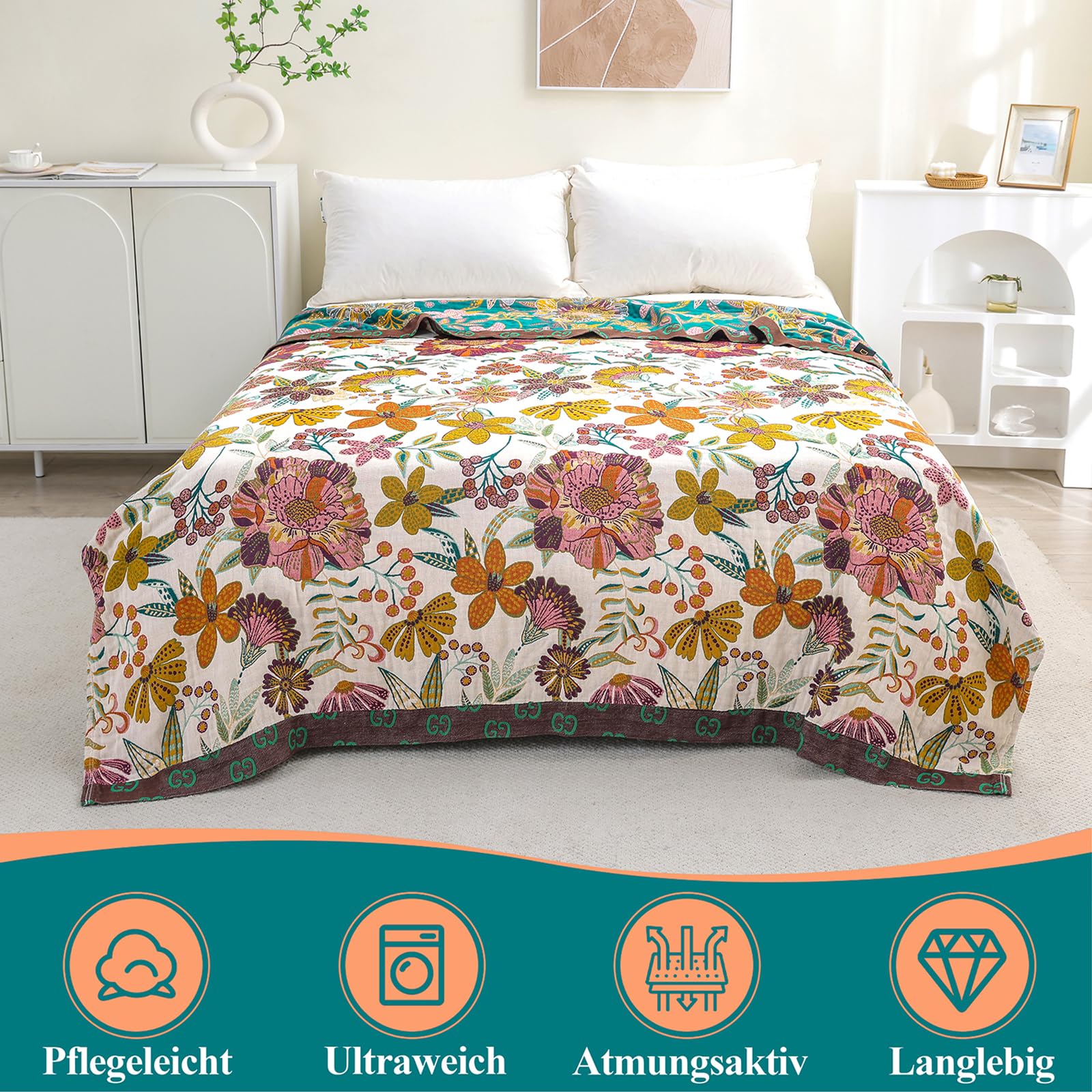 HOORDRY Baumwolldecke Tagesdecke, 4-Lagige Vorgewaschene Boho Bettüberwurf, Atmungsaktive Weiche Musselin Decke, Ideal für Couch Überwurf und Alle Jahreszeiten, 150x200 cm