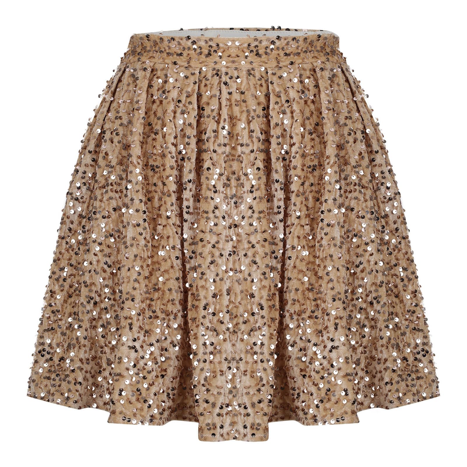 Women’s Sequin Ruffle Mini Skirt Cute High Waist Lined Layered Skirts Flowy Pleated Shiny Party Club Short Skirts Gold