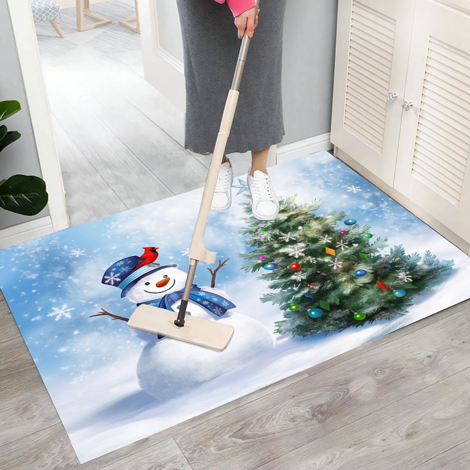 Felpudo Tema Navideño, 90x150cm Alfombra Puerta Muñeco Nieve Árbol Hoja Perenne, Alfombra Navidad Antideslizante para Cocina Pasillo Salón, Felpudo Entrada Casa Decoración
