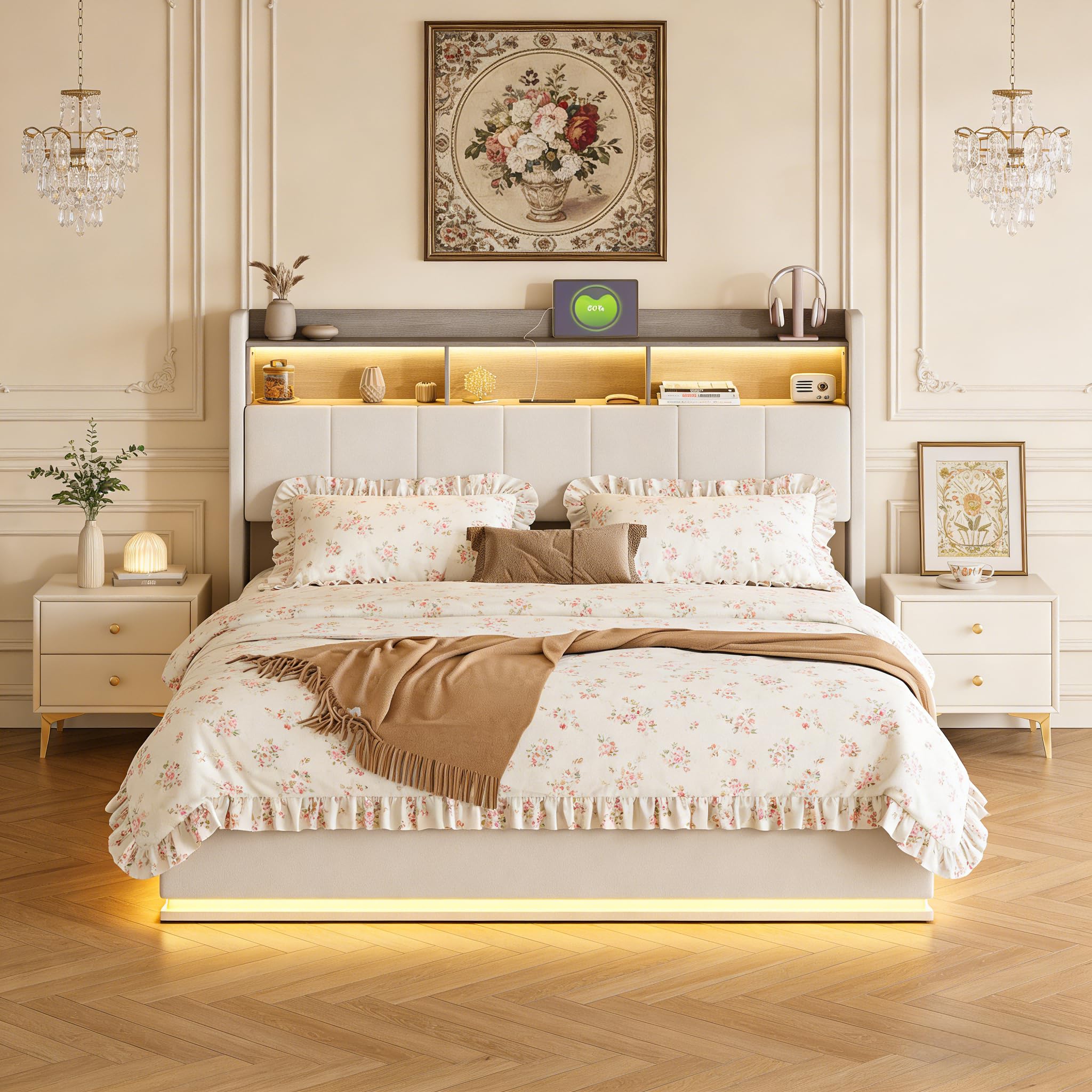 Letto Imbottito 160 x 200 cm, Letto Matrimoniale con Contenitore, letto una Piazza e Mezza, con LED e Ricarica USB, Letti con Rete a Doghe, Testiera con Vano Portaoggetti, Velluto, Bianco