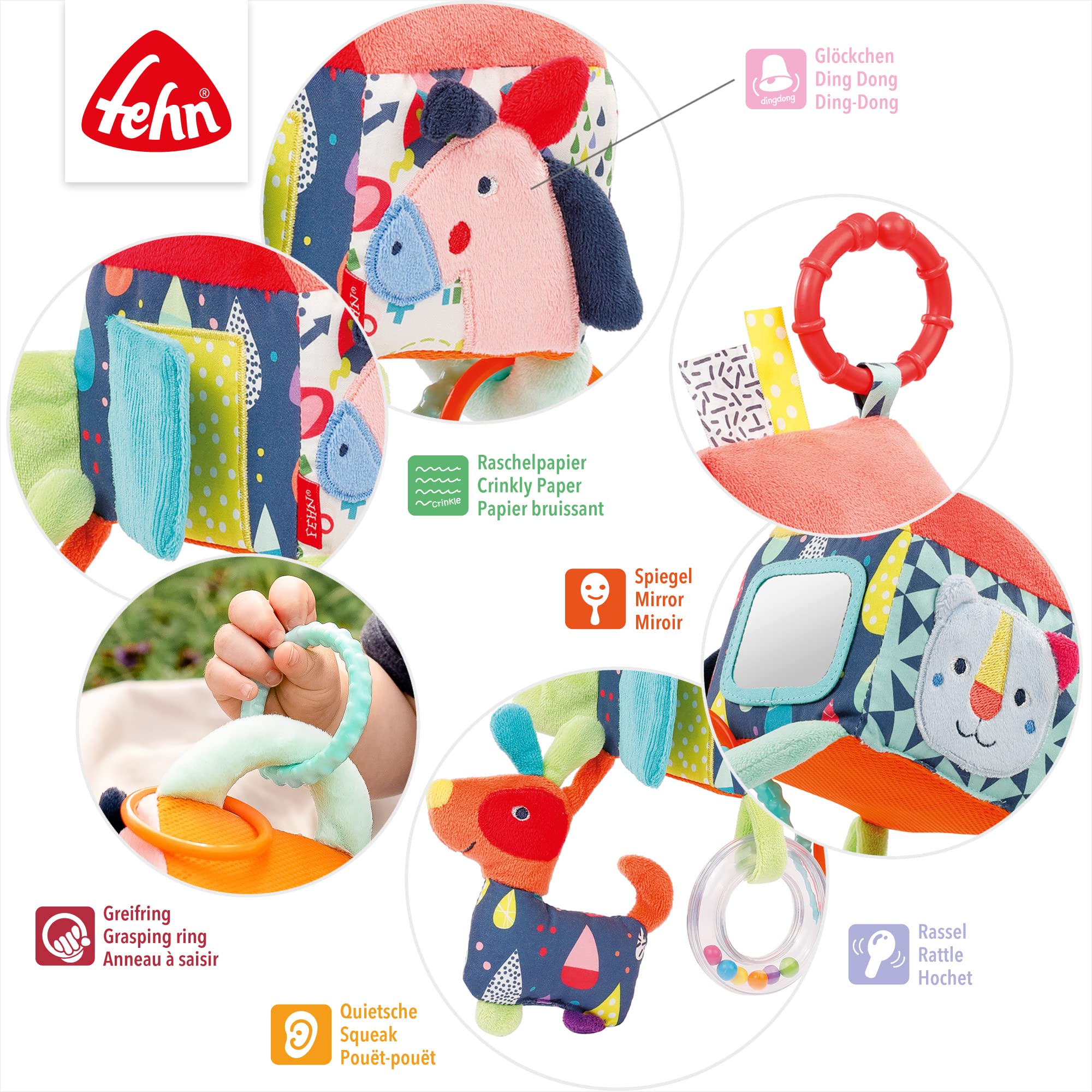 Fehn 055269 Activity Haus COLOR Friends zabawka do zawieszenia dla niemowląt i małych dzieci od 0 miesięcy – wspomaga zmysł dotykowy i motorykę precyzyjną – rozmiar: 13 x 9 x 9 cm, Dom