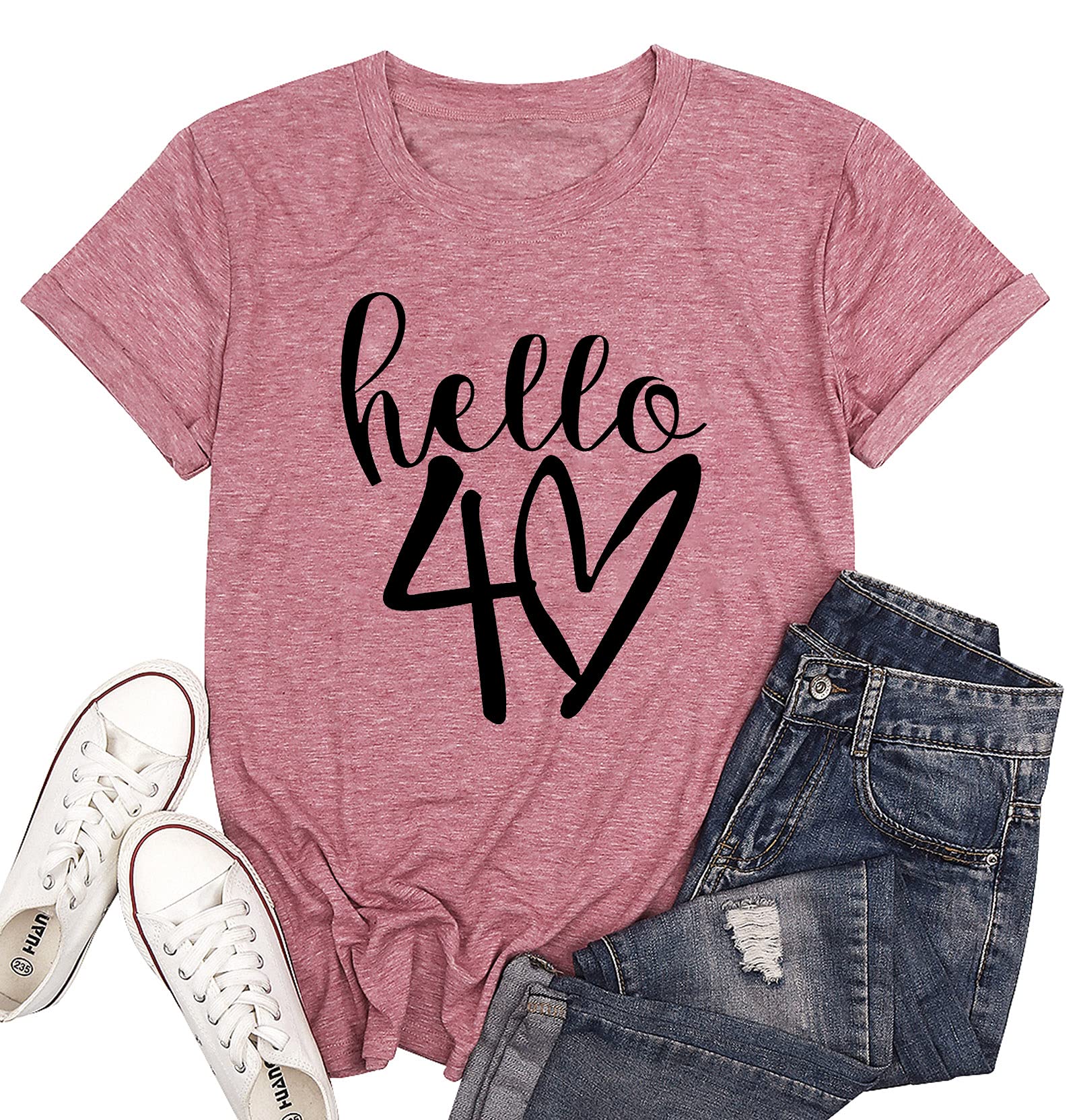 LAZYCHILD Hello Forty Shirt Women 40th Birthday Gift 40 Years Old Birthday Party T-Shirt Cute Heart Graphic Tee