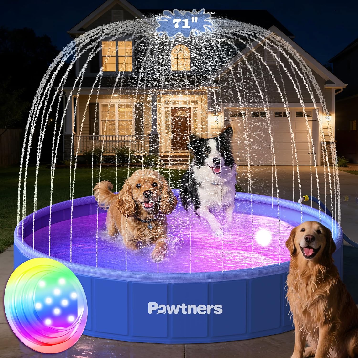 Pawtners 71" Foldable Dog Pool with Sprinkler & RGB LED Light, Collapsible Hard Plastic Swimming Pool for Small Large Dogs Cats, Portable Pet Bathing Tub Wading Pool for Backyard Camping Beach Blue