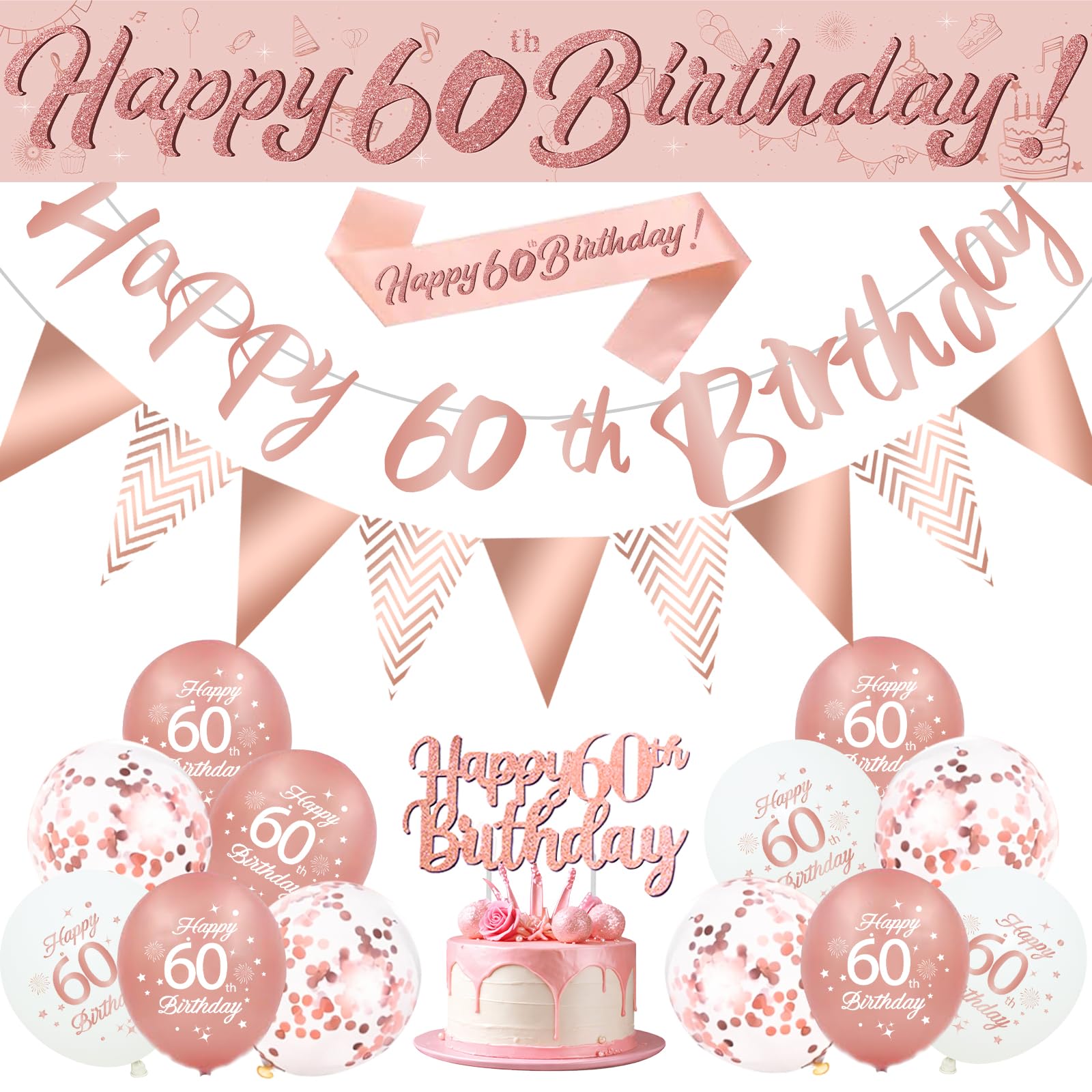60th Birthday Decorations for Women, Rose Gold Balloons with Happy 60th Birthday Banner and Flag, Sash, Triangle Bunting Flags, Cake Topper, 60th Birthday Balloons for Party Decoration