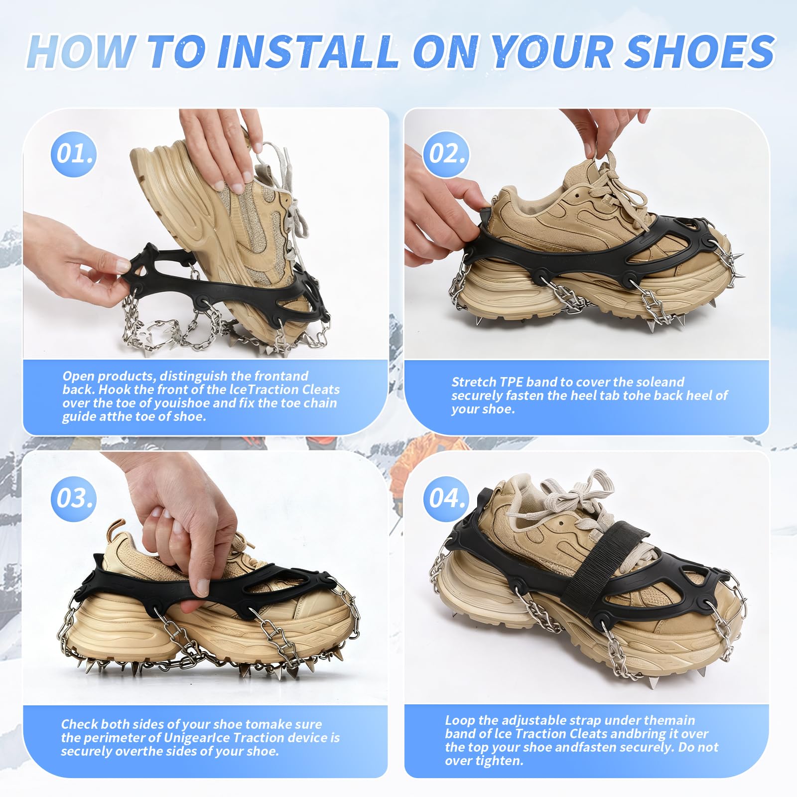 CNMTCCO Ramponi per scarpe da montagna, punte antiscivolo per scarpe e stivali, punte per scarpe da trekking con 19 punte in acciaio inox, trazione con antiscivolo per camminate, alpinismo