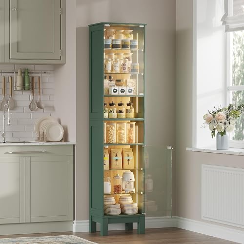 ZKIODV 180cm Vitrine LED, Armoire Vitrine Moderne avec Porte en Verre Trempé, 8 Étagères de Rangement Dont Réglables, Éclairage LED 3 Couleurs, Meuble Vitrine Étroit pour Salon, Bureau (Vert + Chêne) - 9