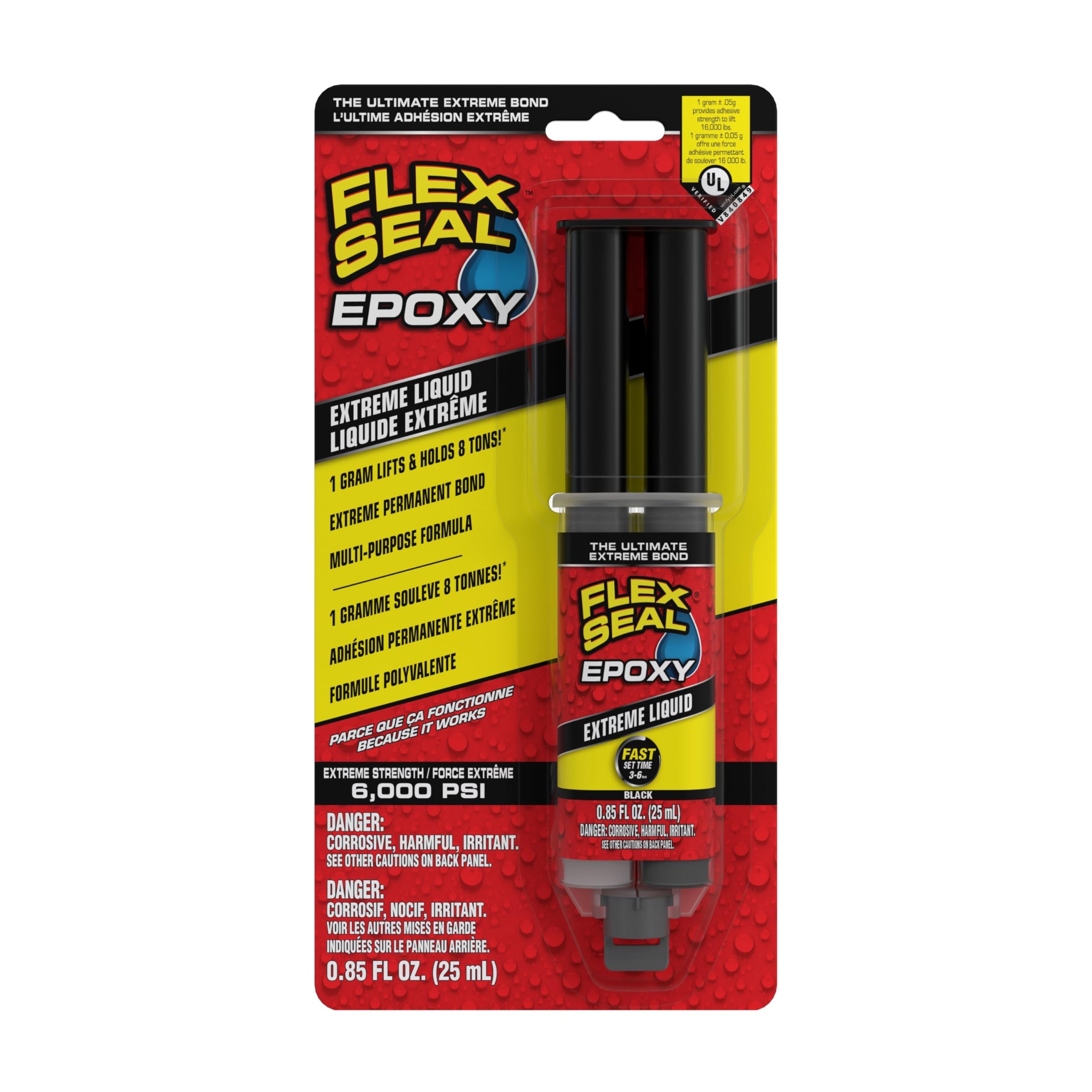 Flex Seal Epoxy, Extreme Liquid, Multi-Purpose, Durable, Permanent, Watertight, Long-Lasting Bond, for Automotive, Marine, Plumbing, Home, & Tool Repairs, Cures Black, 0.85 oz (25 mL) Syringe