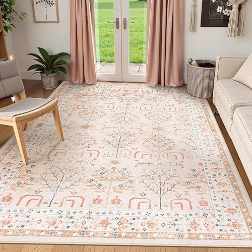 Anidaroel Tree of Life Living Room Rugs 8x10, Soft Orange Pink Rug for Girls Bedroom Non-Slip Machine Washable Boho Rug for Nursery Kids Playroom, Vintage Area Rug Indoor Carpet for Dorm