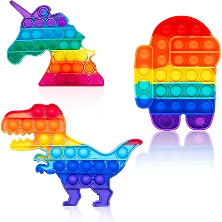 Mk Organic Pop Its Fidget Toy Set - Rainbow Dinosaur Unicorn and Among US Pop Its Pack 3 - Stress Relief Silicone Squeeze Push Pop Bubble Popper Sensory Toy