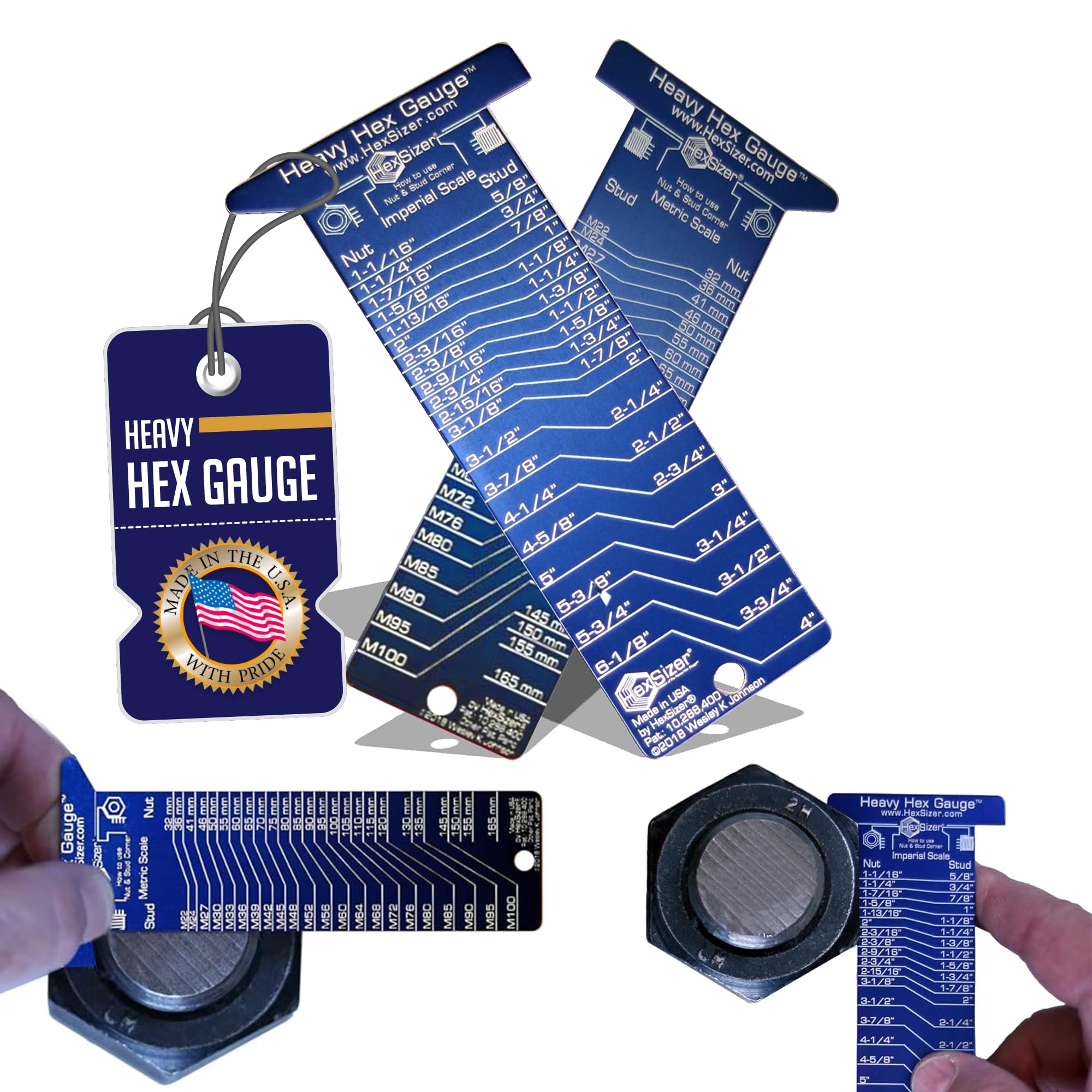 HexSizer Heavy Hex Gauge High Heat - is a Pocket Tool for Measuring Nut & Bolt Sizes. Check Nuts and Bolts, Inch and Metric. Standard Sizes from 1-1/16" to 6-1/8" or 32mm to 165mm.