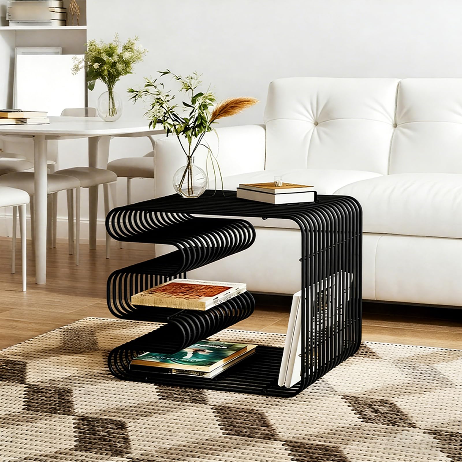 Tavolino da salotto in metallo con portariviste (nero) | montaggio semplice, moderno comodino per soggiorno, camera da letto, 32 × 32 × 41 cm