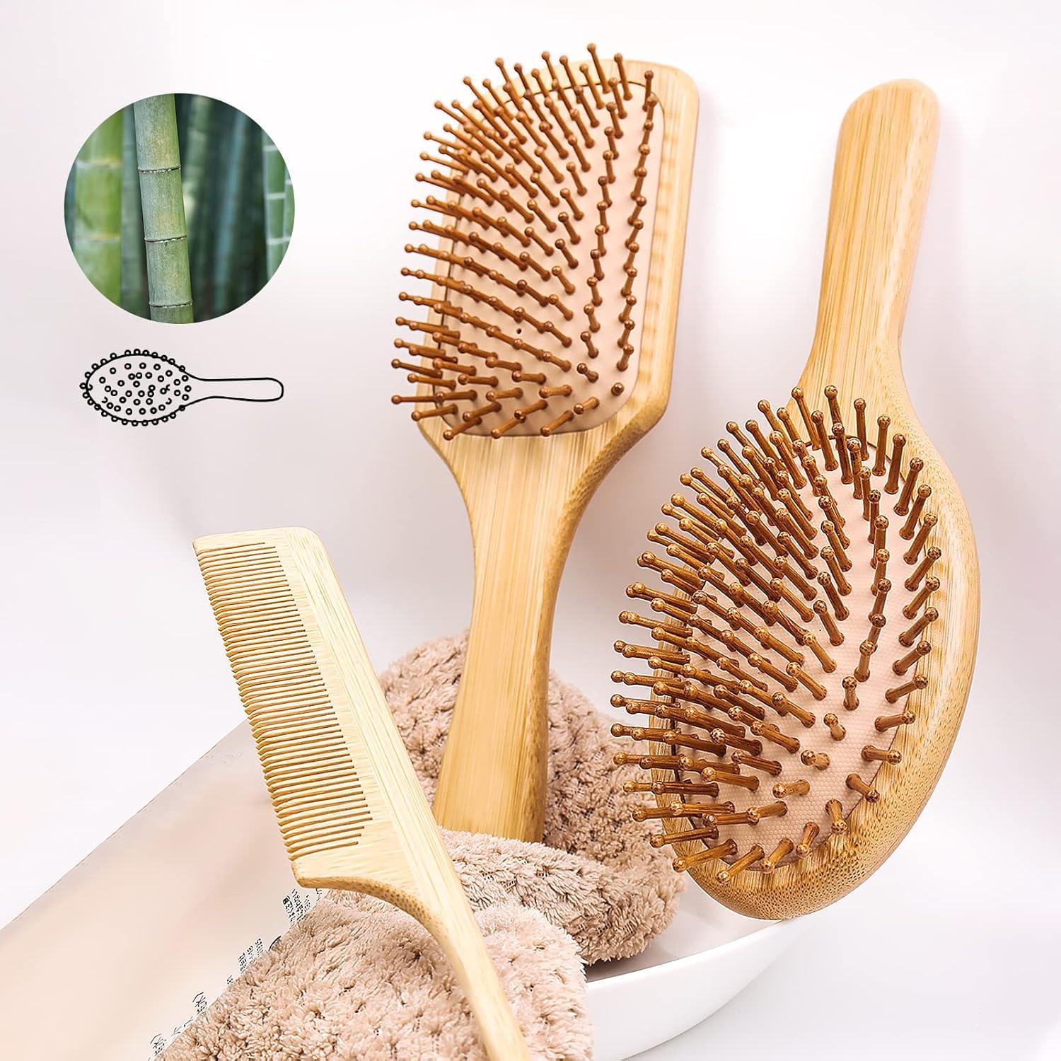 VIZARO Bamboo Hair Brush for Women, Natural Bamboo Bristles Detangling Wooden Paddle Hair Brush & Comb Set for Hair Growth,Scalp Massager, Anti Breakage Hair Care - 3 Piece Set