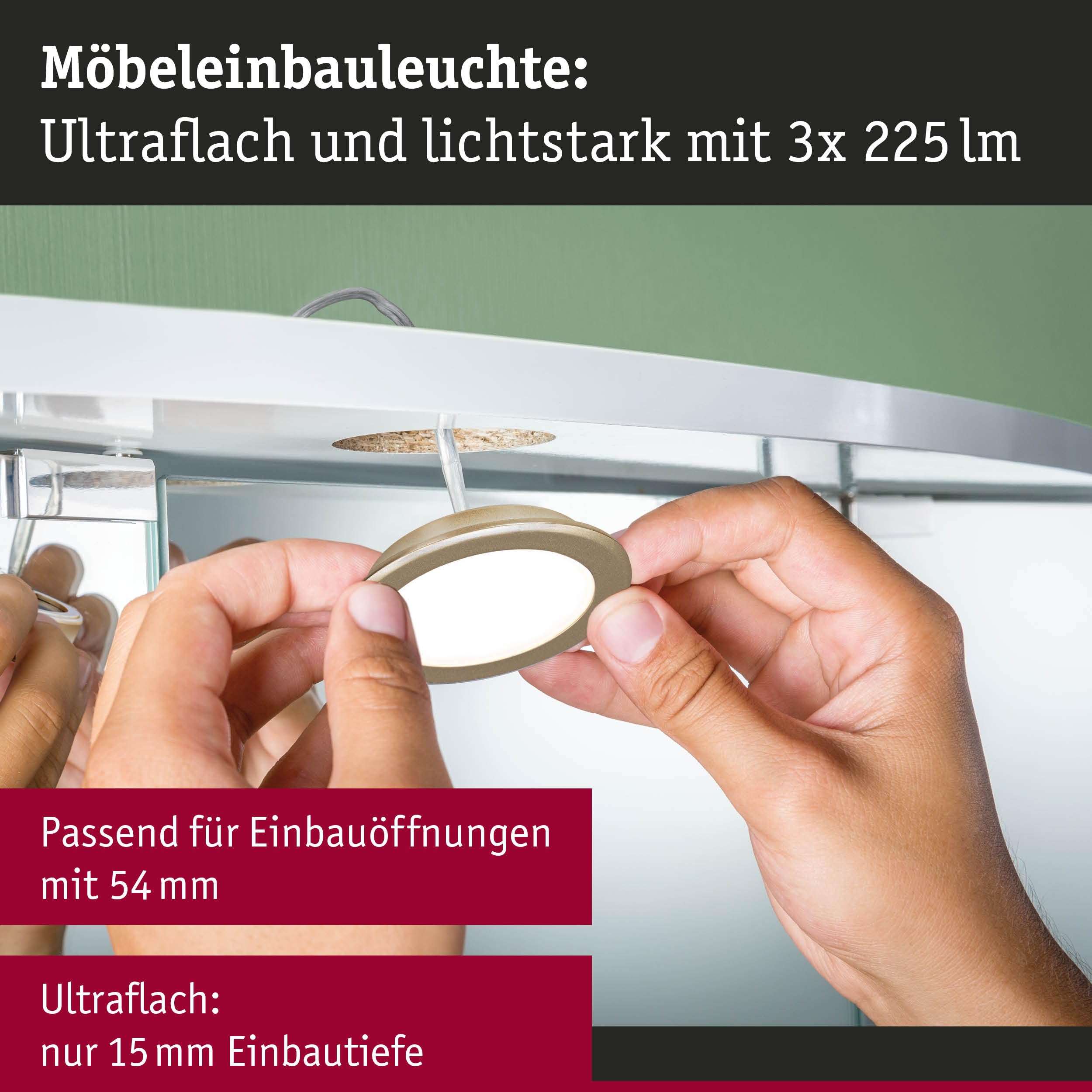 Paulmann 93119 LED Möbeleinbauleuchten 3er-Set 65mm 3x2,5W 3x180lm 230/12V 3000K Gold matt