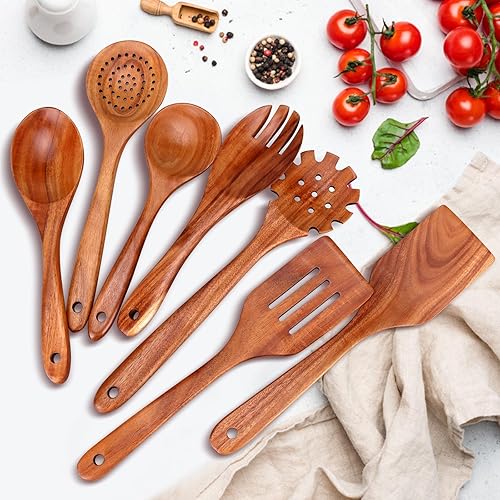 Miniatura 3 de Juego de 7 utensilios de cocina de madera de teca, herramientas de cocina no tóxicas sin BPA con espátula, espátulas ranuradas, cucharas