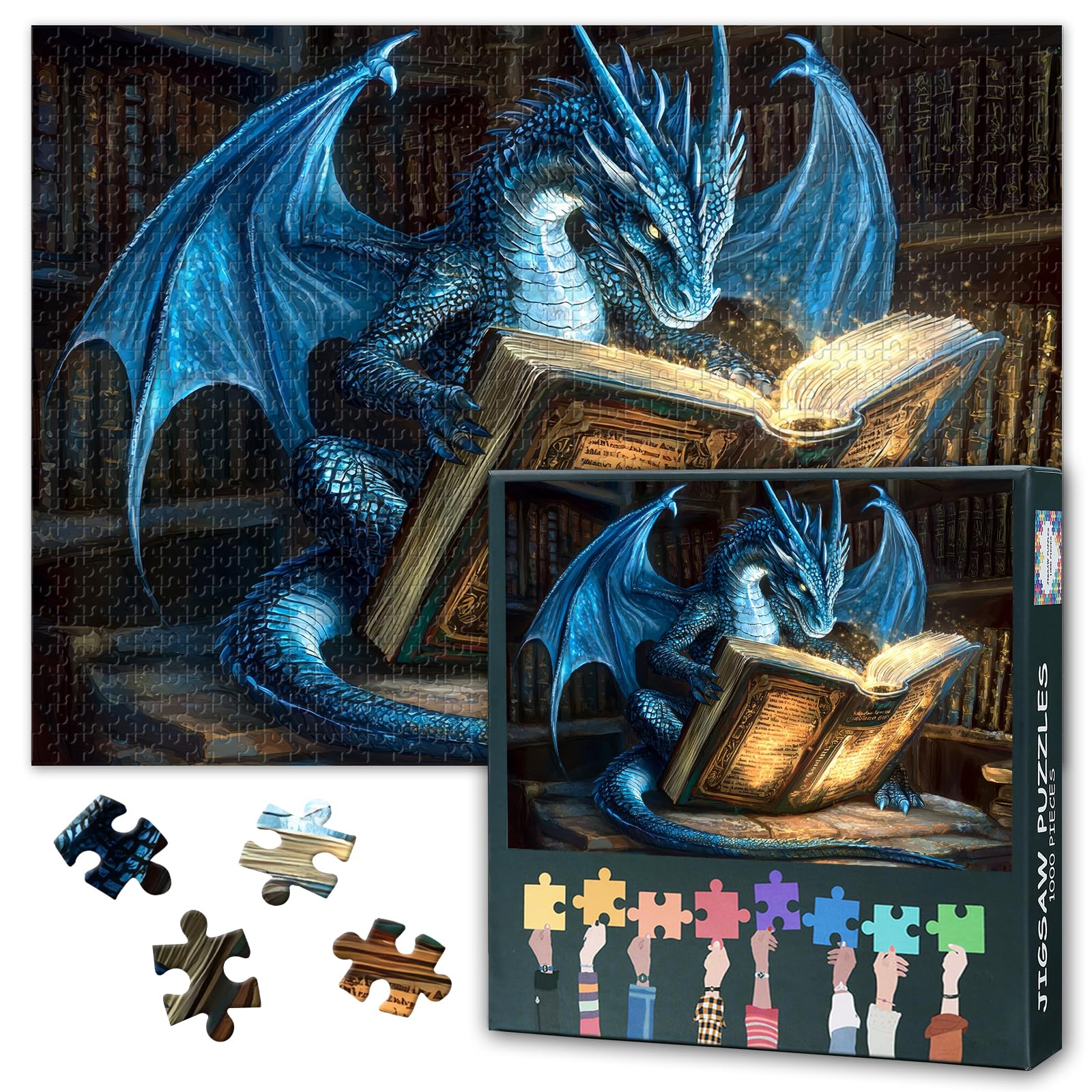 Blue Dragon Puzzles for Adults 1000 Pieces, Ancient Book in Library Jigsaw Puzzles, Adult Puzzle for Adults, Educational Fun Games or Toys for Elders Friends 20X27 INCH