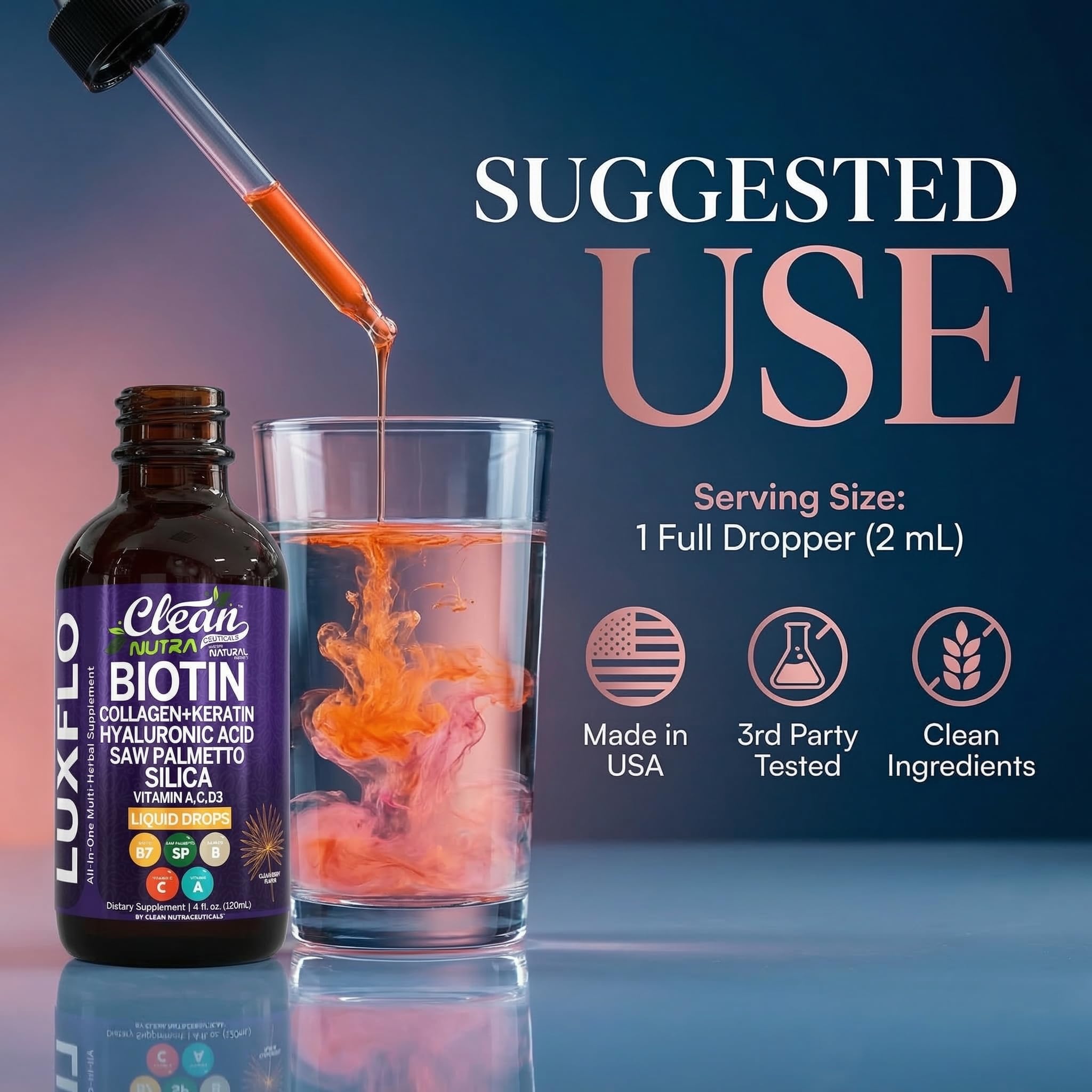 Liquid Biotin & Collagen Keratin Hyaluronic Acid Saw Palmetto Drops Vitamins for Hair Growth Support Silica Vitamin A C D Bamboo Turmeric Zinc Folate Magnesium Horsetail LuxFlo By Clean Nutra — Amazon image 6