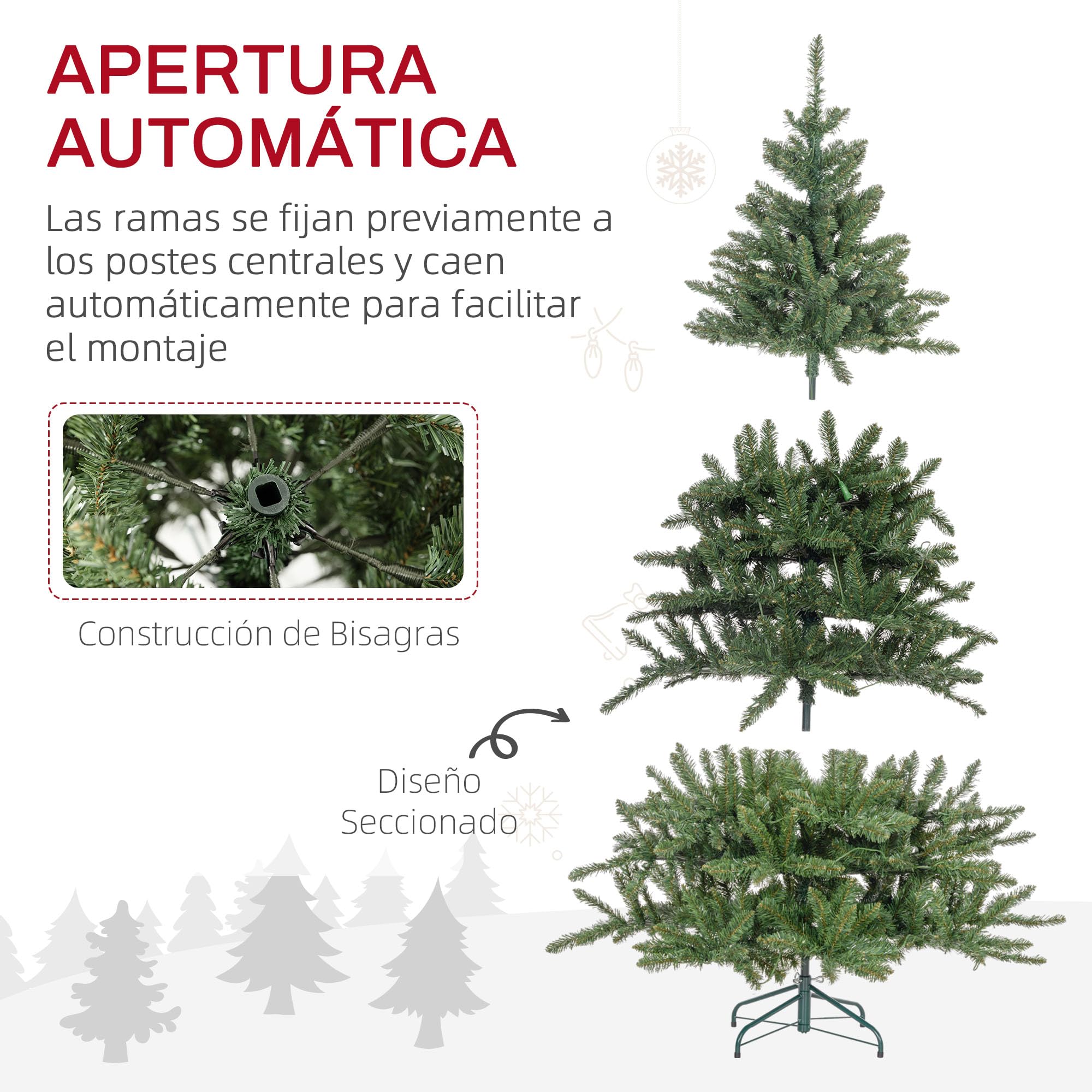 HOMCOM Árbol de Navidad 180 cm Árbol de Navidad Artificial con 310 Luces LED 872 Ramas y Soporte de Metal Árbol Navideño para Salón Interior Verde