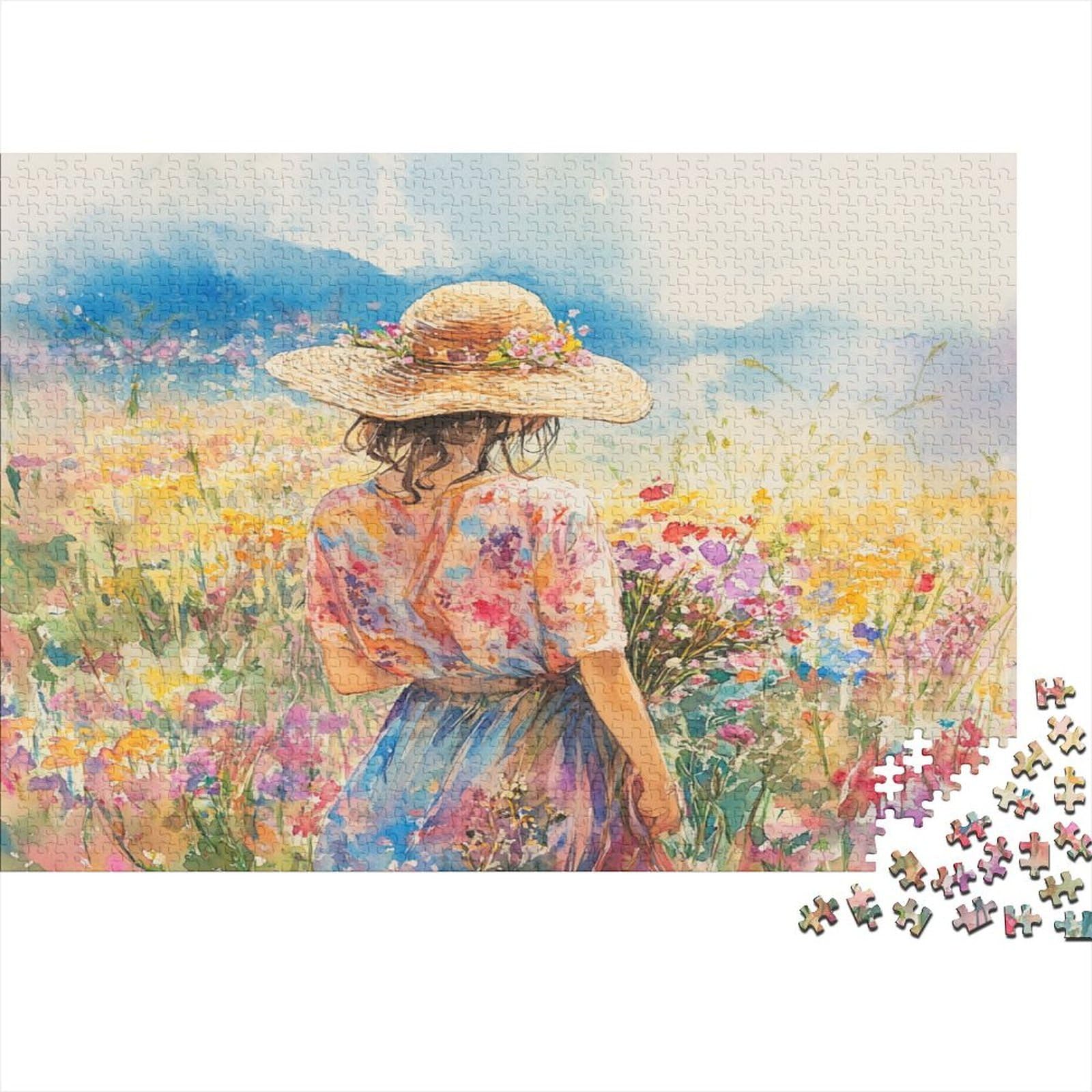 Field Girl Flower Jigsaw Puzzle for Adults 1000 Pieces Paper Brain Teaser Wall Art Decor