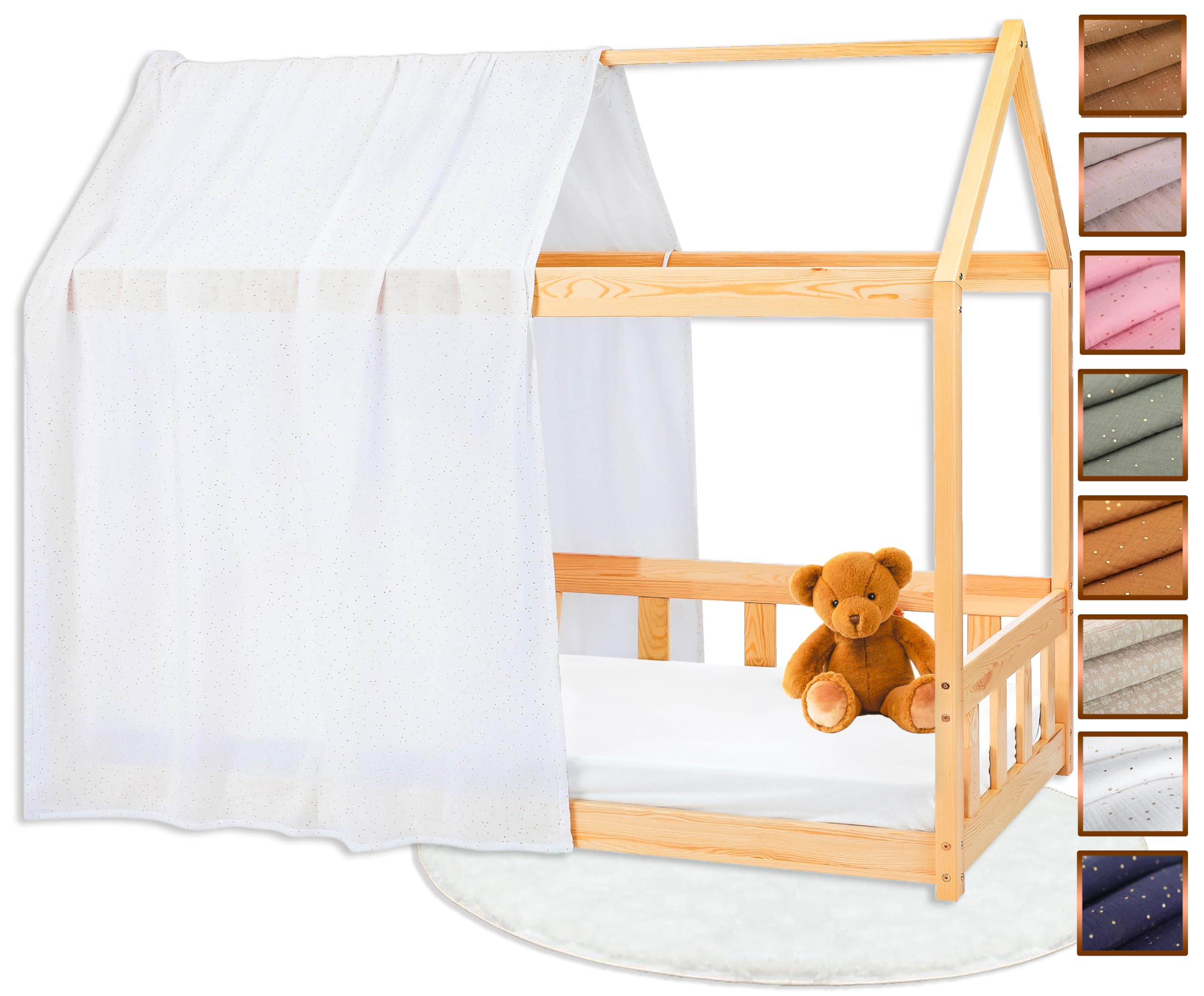 Tenda Letto Bambini 100% Cotone - Tenda per Letto Bambini Montessori 80x160 e 90x200cm - Modelo 1 (Bianco/Oro, 120 x 370 cm)