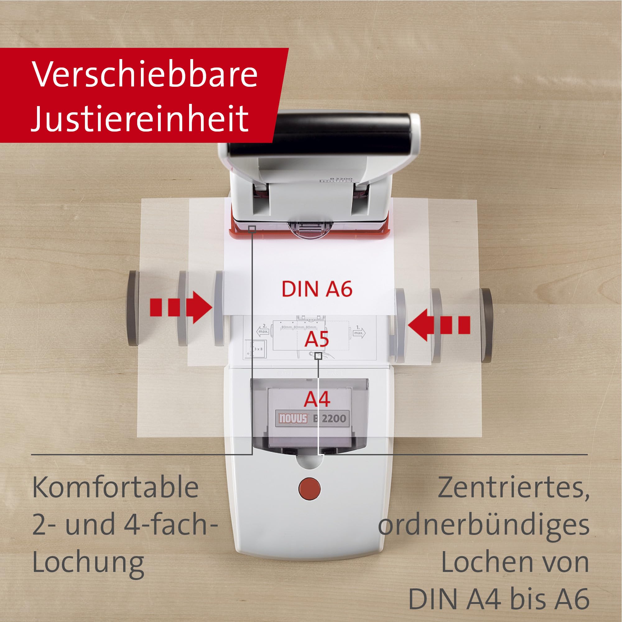 Novus B 2200 Blocklocher (200 Blatt, Zwei- und Vierfach-Lochung, Metall/Kunststoff) lichtgrau