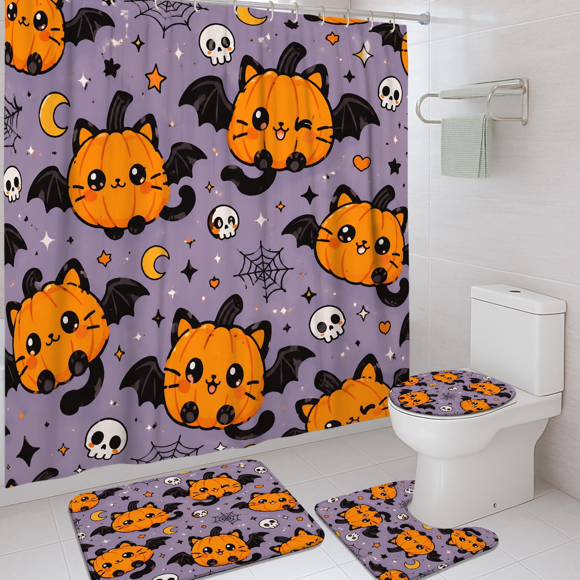 Rideaux de douche Halloween orange et tapis pour décorer la chambre d'amis