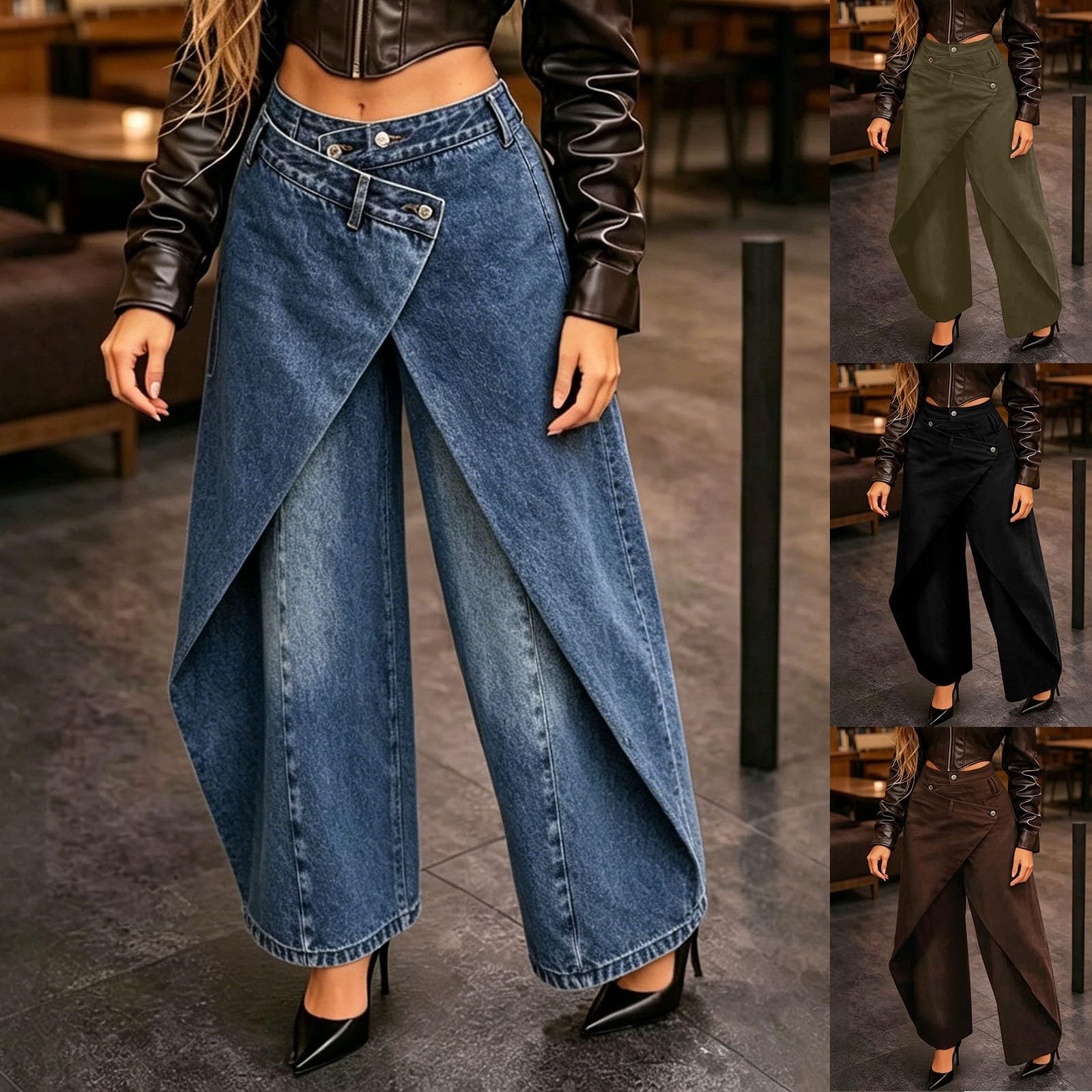 Generisch Pantalones envolventes para mujer, pantalones anchos para el tiempo libre, con botones, cómodos, pantalones de verano, pantalones de algodón, pantalones de pierna recta, pantalones