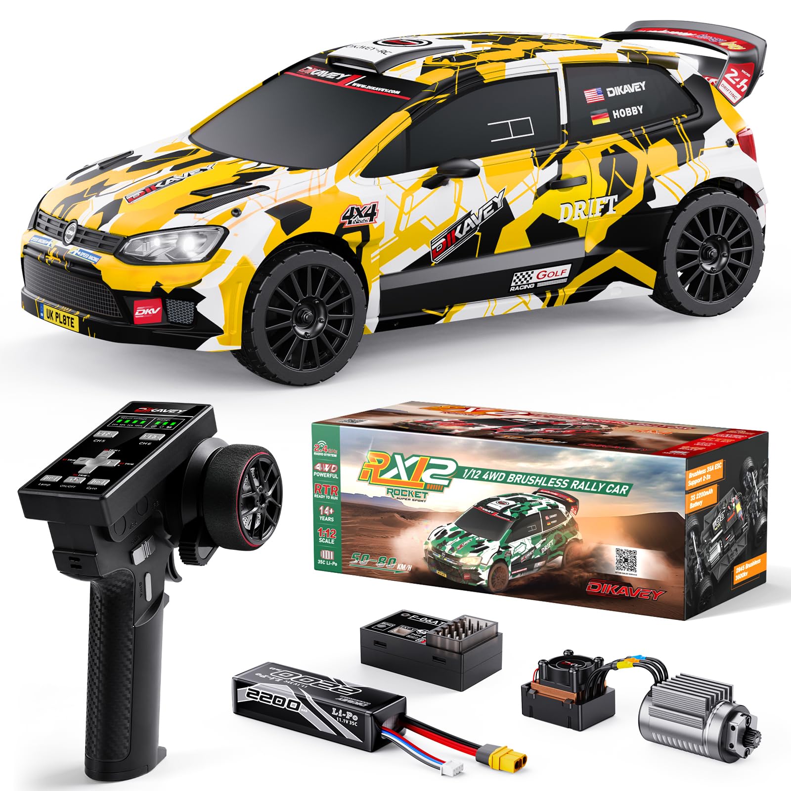 Photo 1 of DIKAVEY 1:12 RC Rally Car Fast Max 50 MPH,Drift Car with Gyro 4X4,Brushless Fast RC Cars with 3S 2200 mAh Battery,1/12 Remote Control Cars for Adults for 4WD,for Racetrack & Mud-Yellow