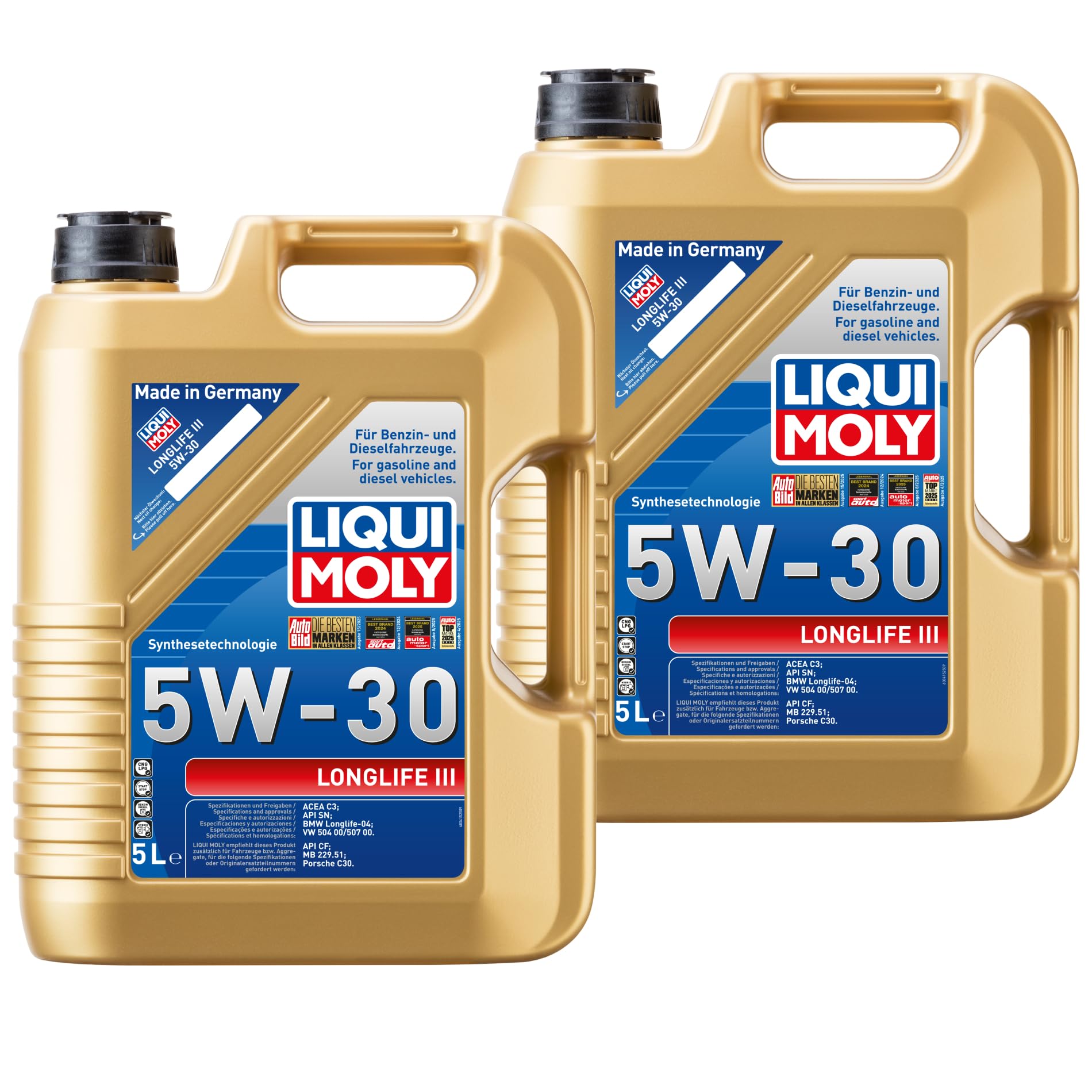LIQUI MOLY Aceite de motor 5W-30 Longlife III Aceite sintetico ACEA C3 API SN API CF 5L Compatible con VW Polo V Hatchback 6R1, 6C1 up! Hatchback 121, 122, BL1, BL2, BL3, 123, TOYOTA AYGO WNB1, KGB1