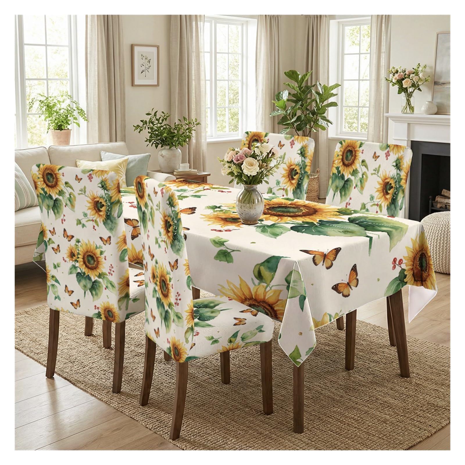 BOSUYBN Sunflower Butterfly Dining Tablecloth & Chair Cover Set, 5/7 Piece Watercolor Floral Slipcovers For Rustic Farmhouse Home Decor Table Setting(5pcs Set: Tablecloth+Chair Covers)