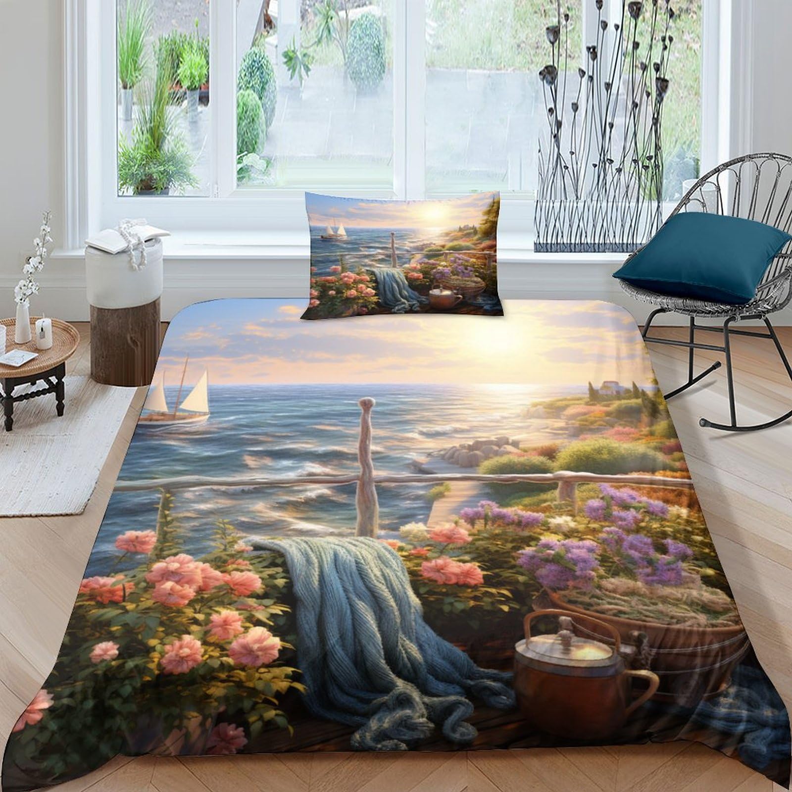 Housse de couette port au coucher de soleil avec ses deux taies d'oreiller pour lit enfant