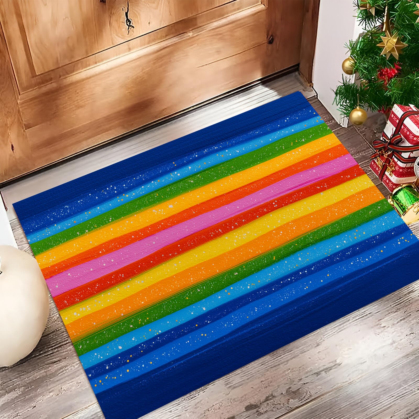 Tapis salon antidérapant rayures orange-bleu lavable 70x100cm