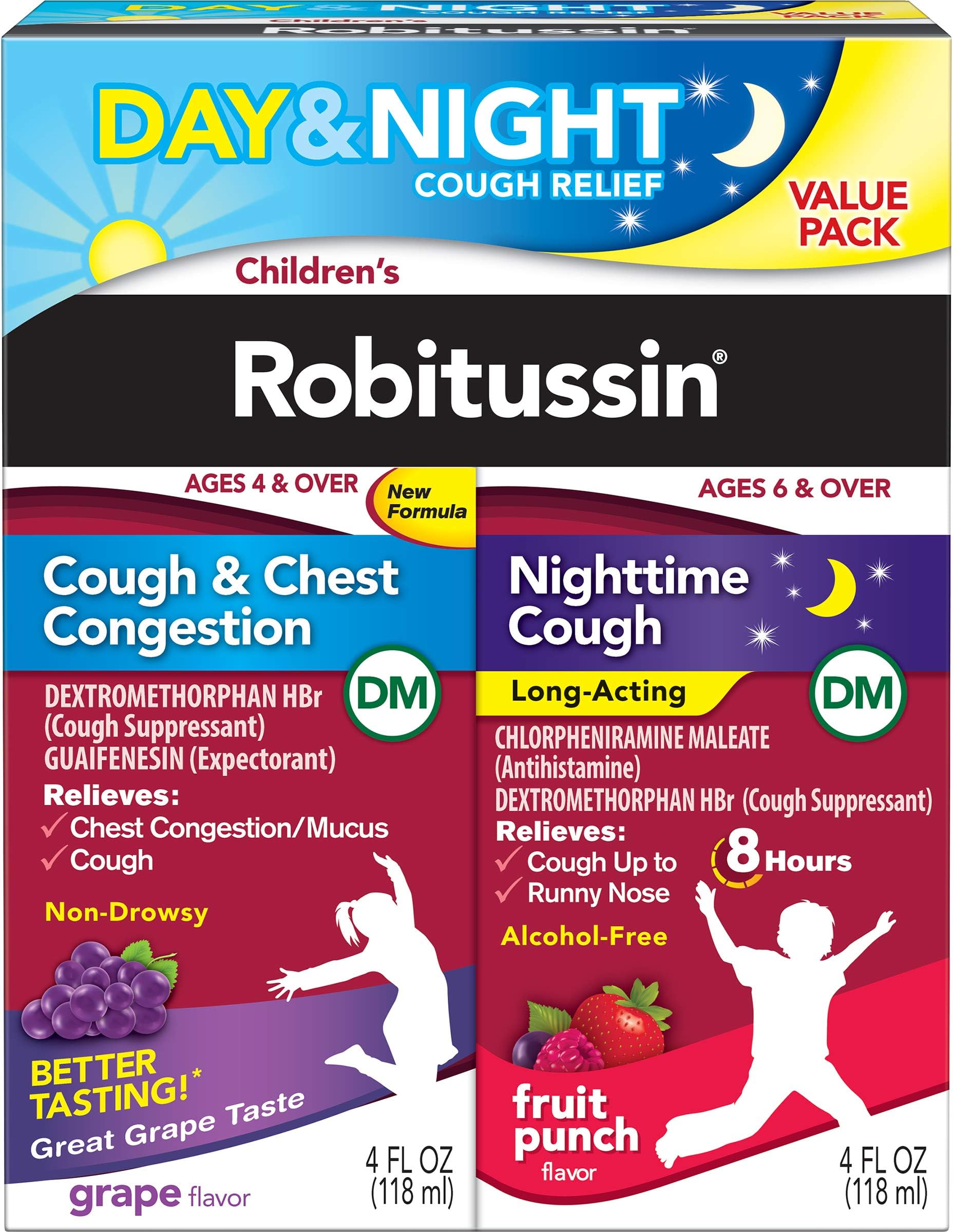 Children's Robitussin DM Day and Night Cough Relief Value Pack, Cough Medicine, Grape/Fruit Punch Flavor - 4 Fl Oz x 2