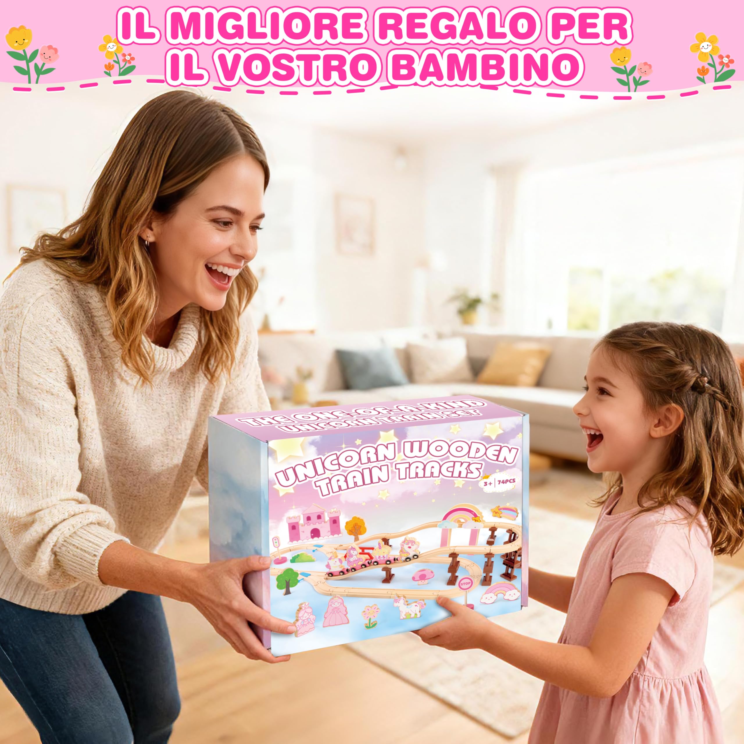 MOMOSTAR 74 Pièces Thème Licorne Rose Circuit Train Bois Enfant, Licorne Cadeau Fille 3 4 5 Ans Comprend des Ornements Tels Que des Châteaux, des Licornes Et des Princesses, Jouet Fille 3-5 Ans