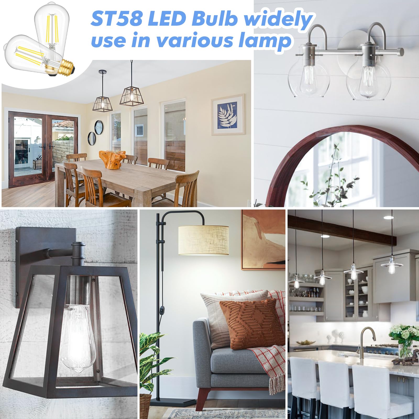 6-Pack Dimmable LED Light Bulbs, 7W 60Watt Equivalent Edison Bulbs, 900LM Ultra Bright LED Bulbs, 5000K Daylight White, ST58 Vintage Antique Bulbs, E26 Medium Base, CRI90+, Clear Glass, No-Flicker