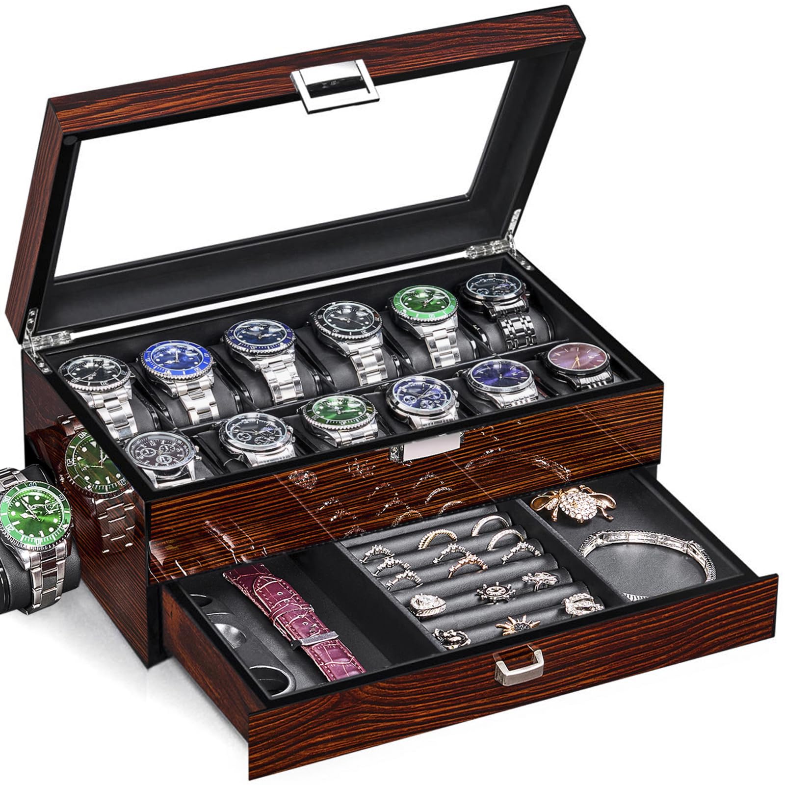 BEWISHOME High-End Watch Case, 12-Slot Watch Box with Valet Drawer, 2-Layer Wooden Watch Display Case for Jewelry, Watch Organizer Watch Storage Holder for Men Women Brown SSH02Y