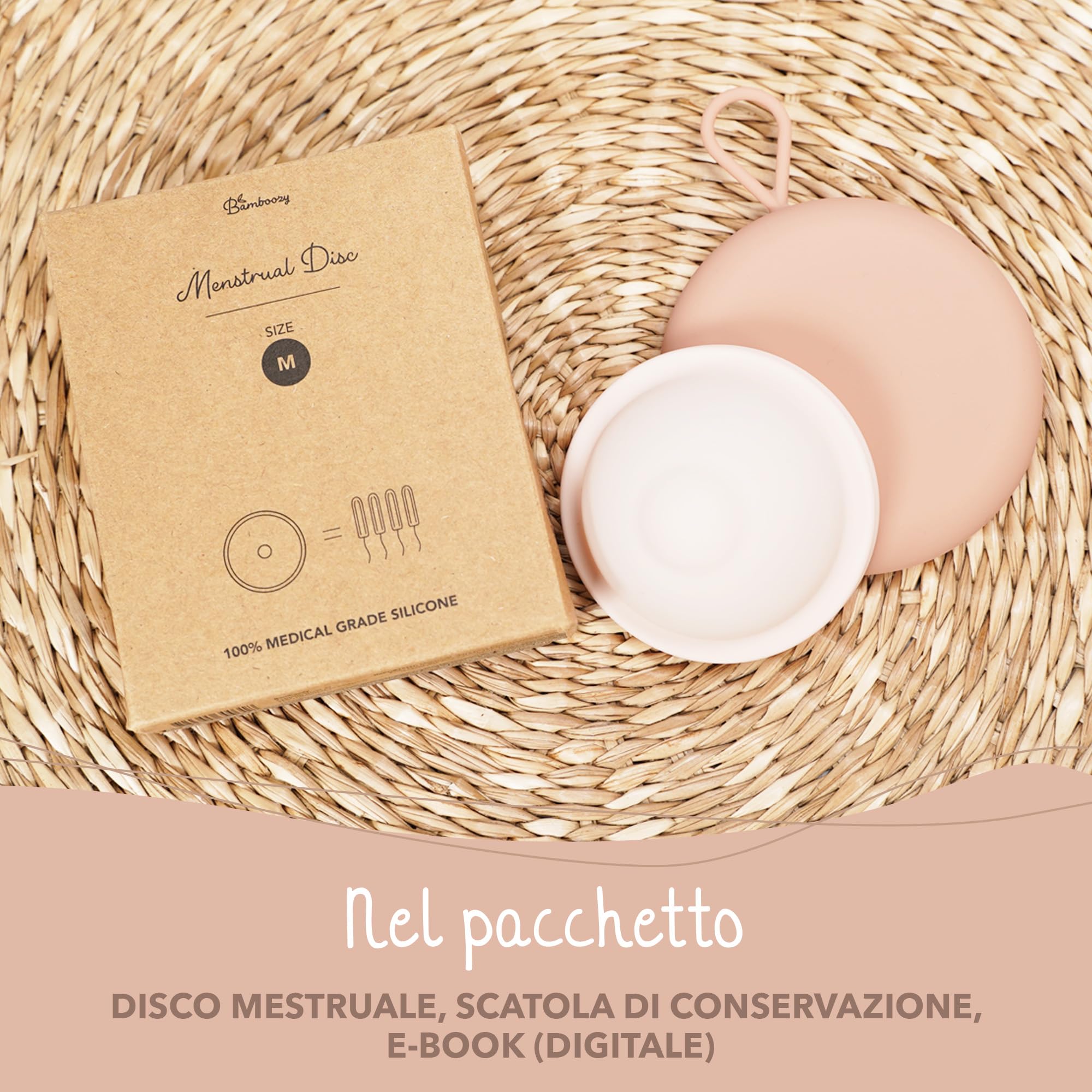 Bamboozy Disco Menstruale con Custodia in Silicone (M) - Disco Menstruale Sostenibile e Riutilizzabile in 100% Silicone Medicale - Senza BPA - Protegge fino a 12 ore - per Sport e Nuoto