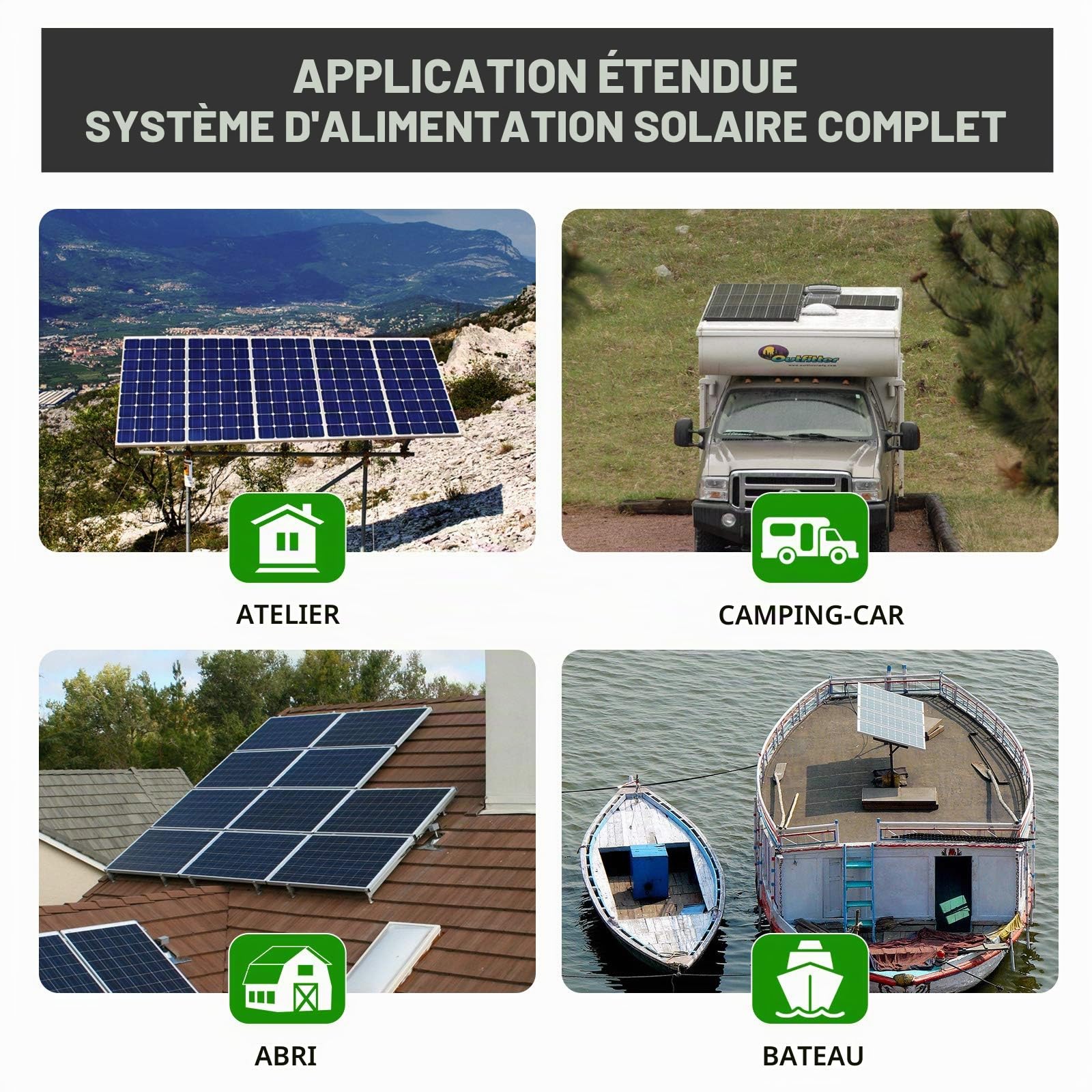 ECO-WORTHY Kit Panneau Solaire avec Batterie 480 Watt hors réseau : 4 panneaux solaires+100Ah batteries au lithium+60A contrôleur de charge+1100W onduleur+accessoires de montage pour la maison, RV