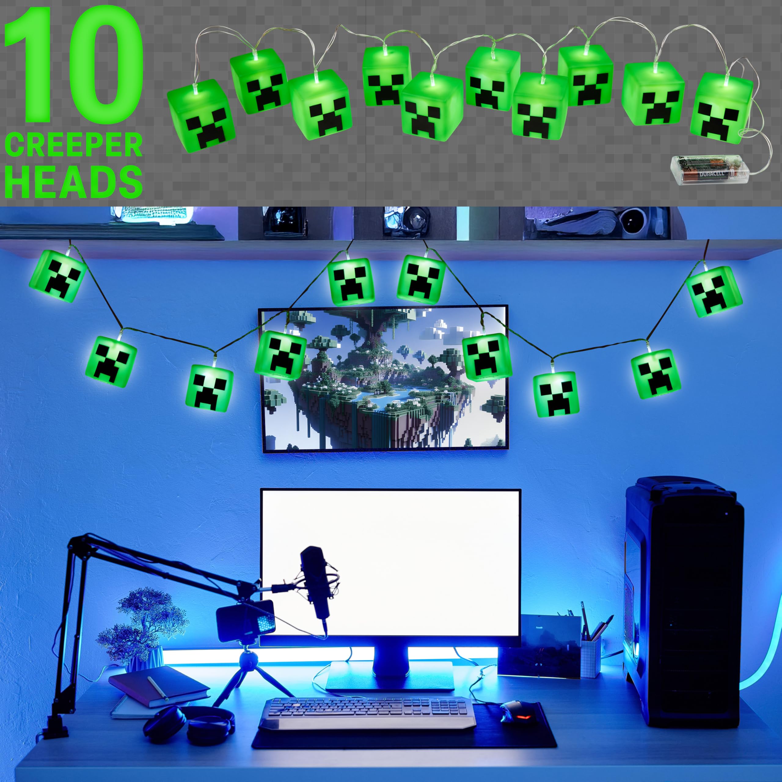 Minecraft Guirlande Lumineuse Creeper LED 165cm Guirlande Lumineuse à Piles Décoration Intérieure Gamer 2 Modes Déco Chambre Idée Cadeau Garçon