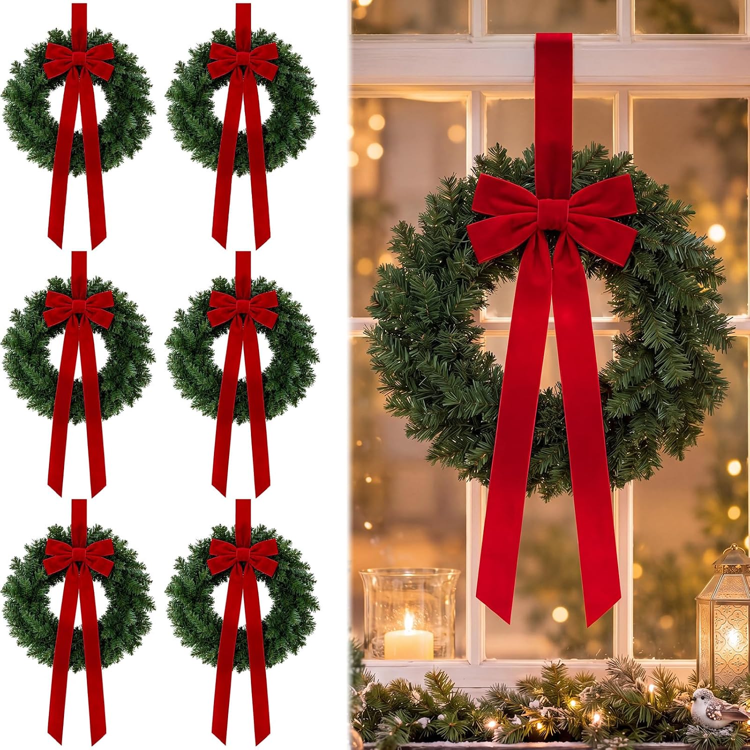 Roowest 6 Pack 12'' Christmas Window Wreaths Decorations & Red Velvet Bow