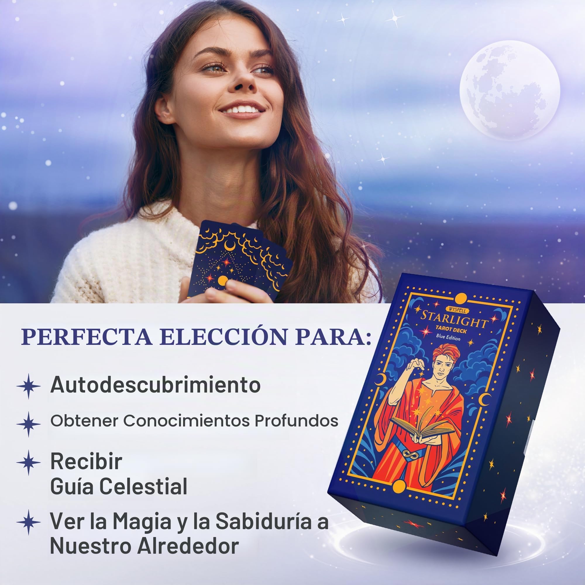 Wyspell Blue Starlight tarot Deck: cartas inspiradas en el cielo estrellado con instrucciones (idioma español no garantizado), juego único de cartas de tarot