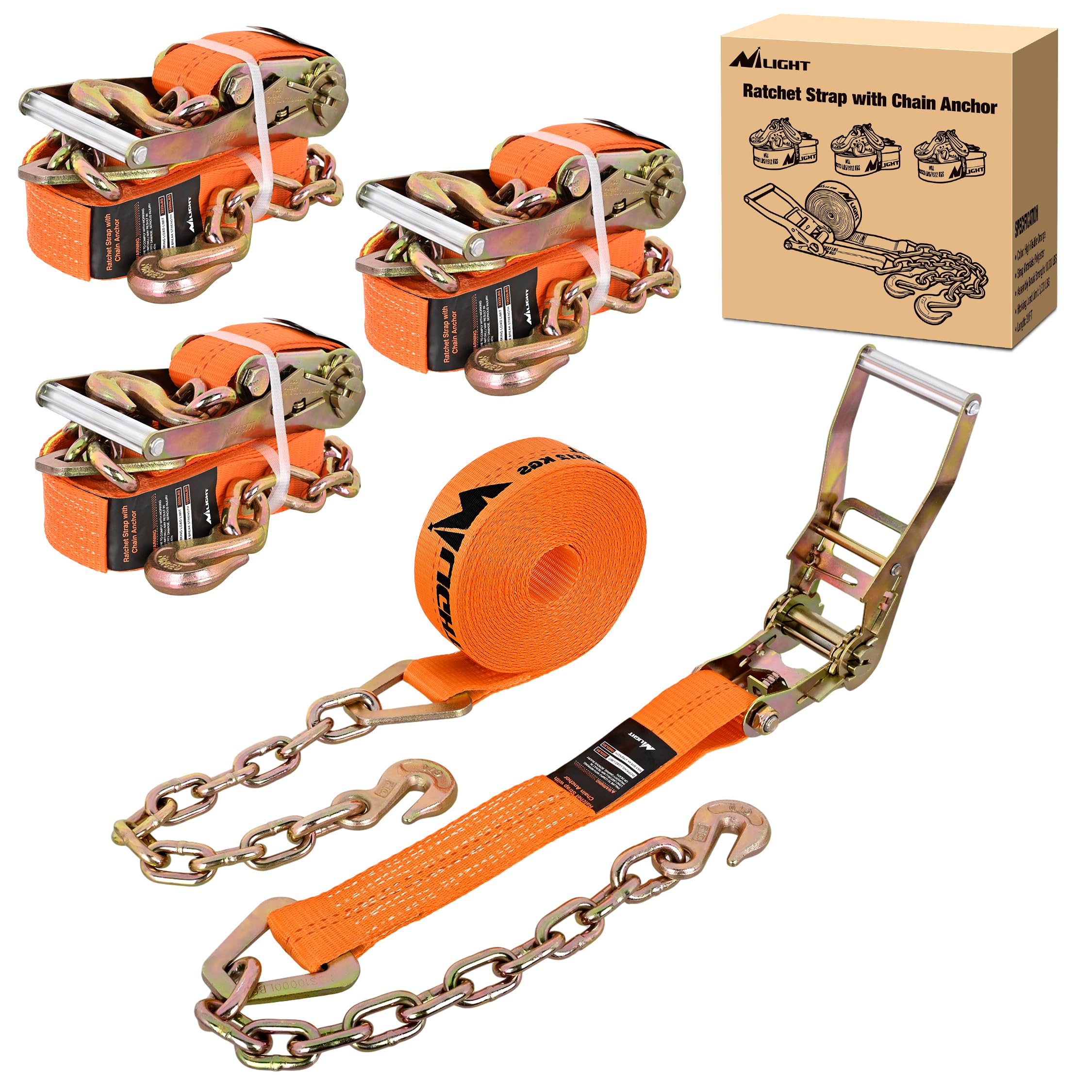 Nilight Chain Ratchet Straps 2" x 30' (4 Pack) 10,000 LBS Break Strength