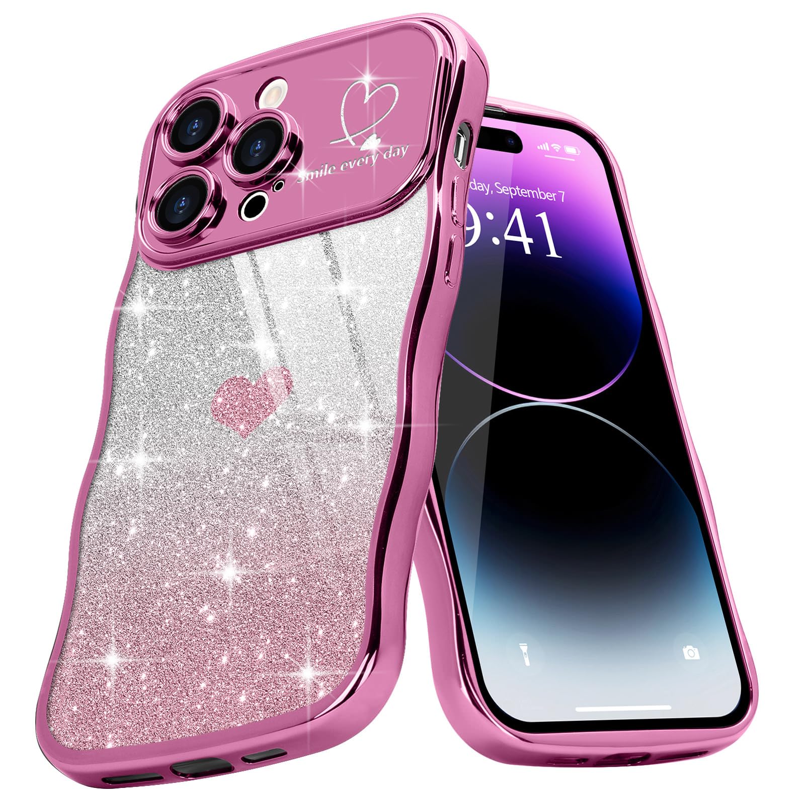 Teageo for iPhone 14 Pro Case for Women Girls Cute Curly Wavy Frame Love Heart Glitter Bling Camera Protection Sparkly Luxury Shockproof Wave Phone
