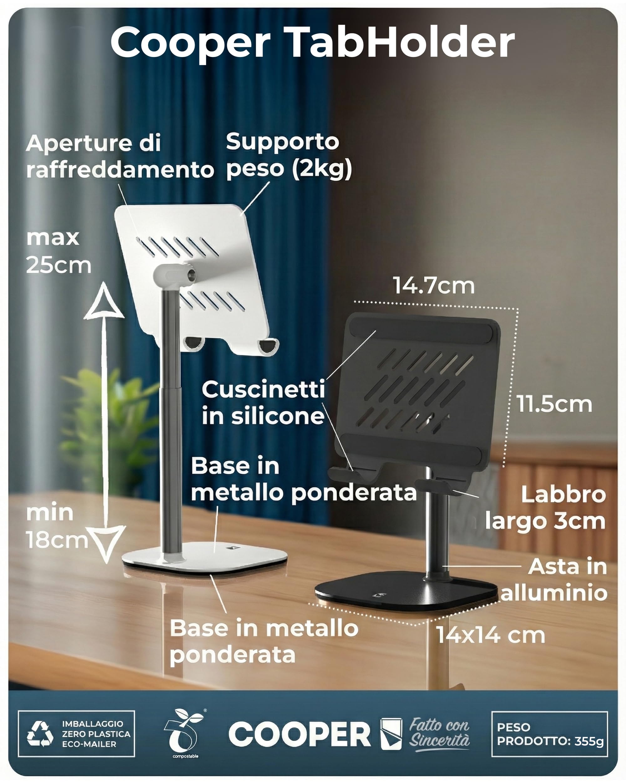 COOPER TabHolder Regolabile in Altezza Base Tablet 7-10" Stand iPad Scrivania per Monitor 15,6-17" Inclinazione 270° Nero Notte