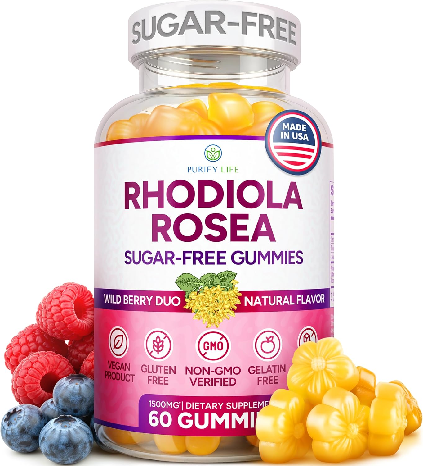 Sugar-Free Rhodiola Rosea Gummies (1500mg/Serving) Cortisol Detox & Adrenal Support Rhodiola Rosea Supplement for Mood, Stamina & Performance, Motivation, Non-GMO, 60 Vegan Chews