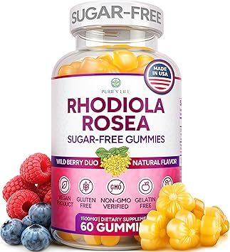 Sugar-Free Rhodiola Rosea Gummies 1500mg/Serving Cortisol Detox & Adrenal Support Rhodiola Rosea Supplement for Mood, Stamina & Performance, Motivation, Non-GMO, 60 Vegan Chews