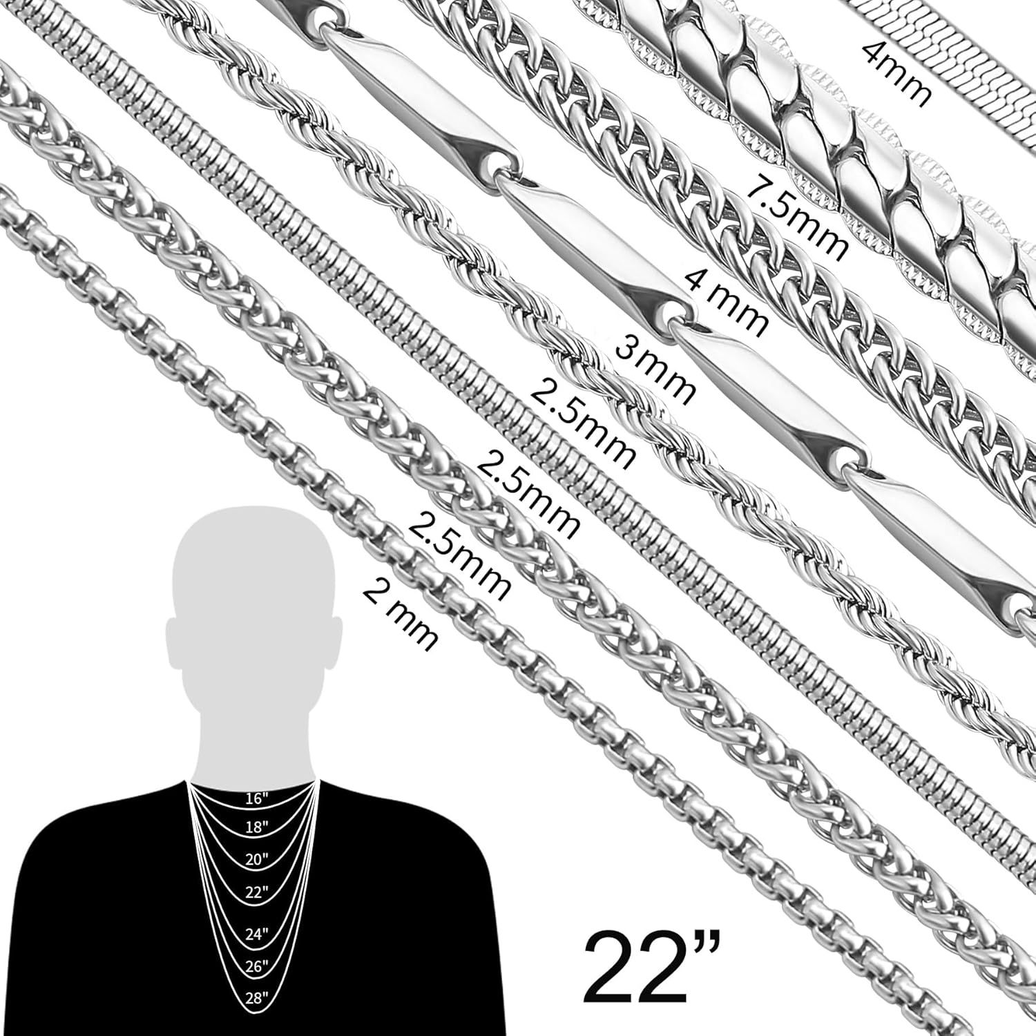 stino 7/8PCs Stainless Steel Chain Necklace Set for Men Women, Silver Tone Necklace Chains Bulk, Figaro Chain, Snake Chain, Cuban Link Chain, Rope Chain. - Image 5