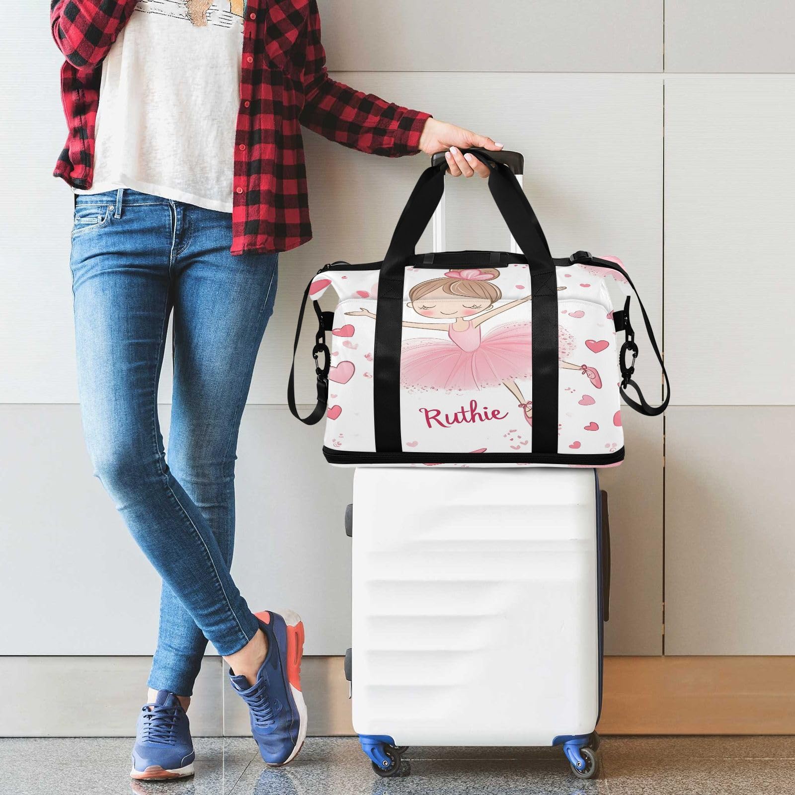 Wasserdichter Sport-Turnbeutel – niedliche Ballerina-Ballerina-Herz-Reisetasche mit großem Fassungsvermögen und Fach für trockene Nässe und Schuhaufbewahrung, Yoga, Schwimmen, Reisetasche