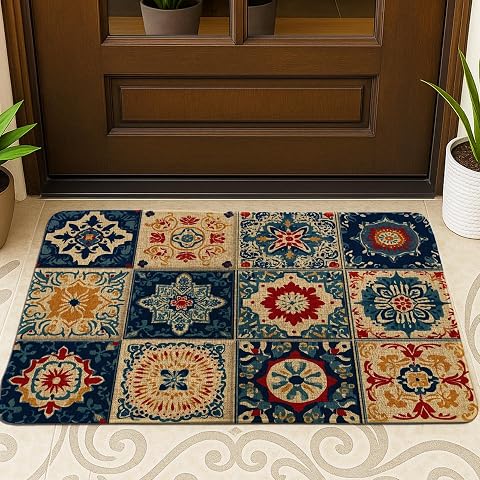Felpudo floral vintage, alfombra de entrada de azulejos azules para uso en interiores y exteriores, tapete antideslizante fácil de limpiar, perfecto para primavera y decoración diaria, 73 x 43 cm