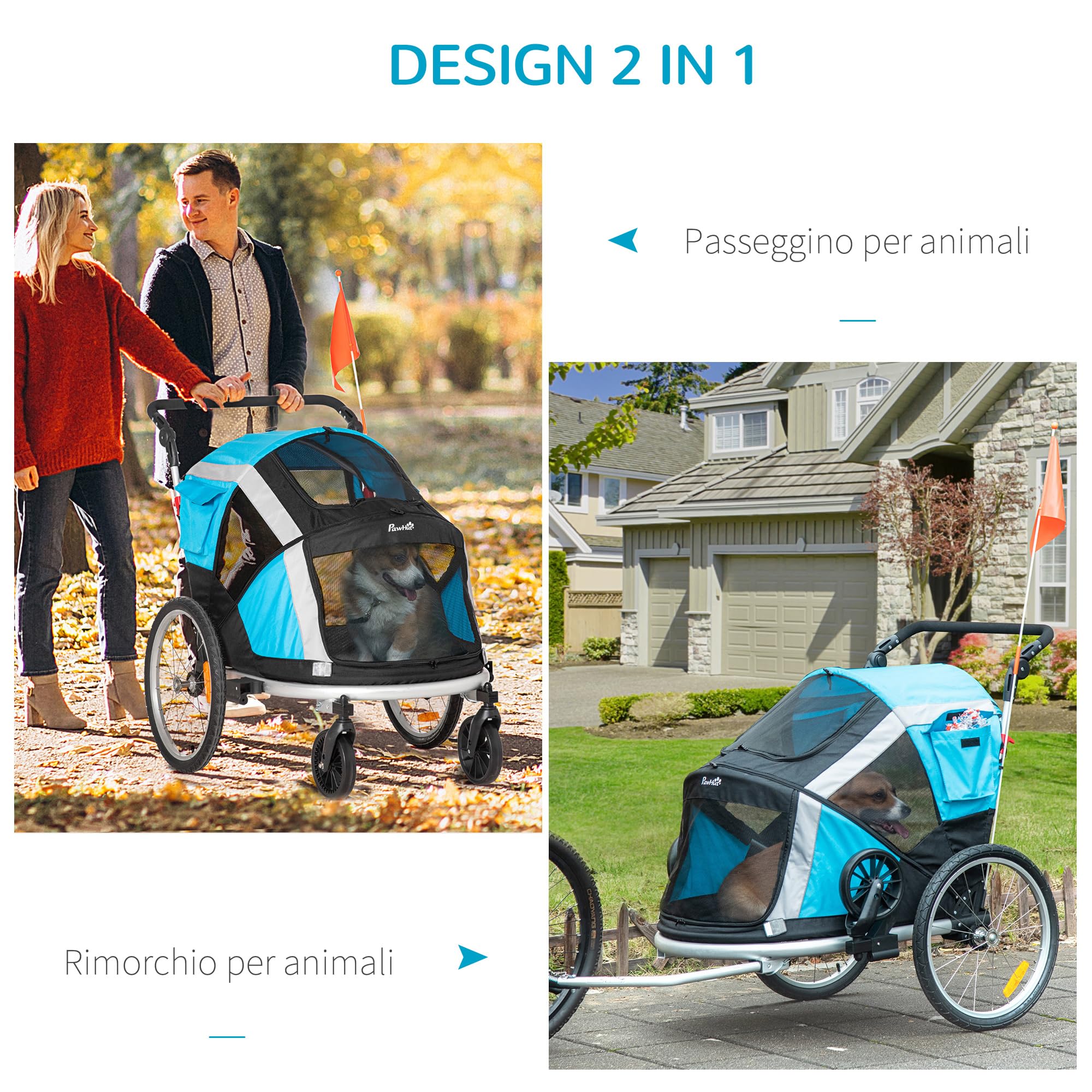 PawHut Remorque vélo et Poussette 2 en 1 Grands/Moyens Chiens Bleu