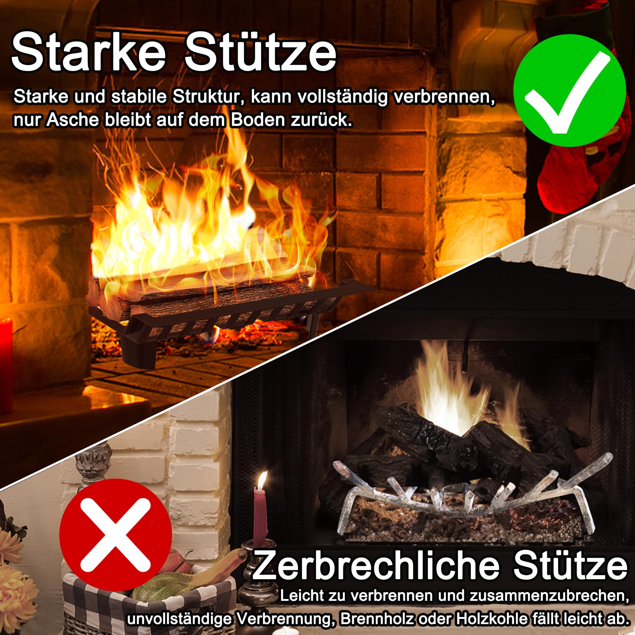 HENGMEI Kaminholz Holzregal Gusseisen Kaminrost Brennholz Kamin Holzrost Feuergitter Kamineinsatz Feuerrost Brennholzhalter mit Stangen für Innenkamine, Outdoor Anzündwerkzeuge